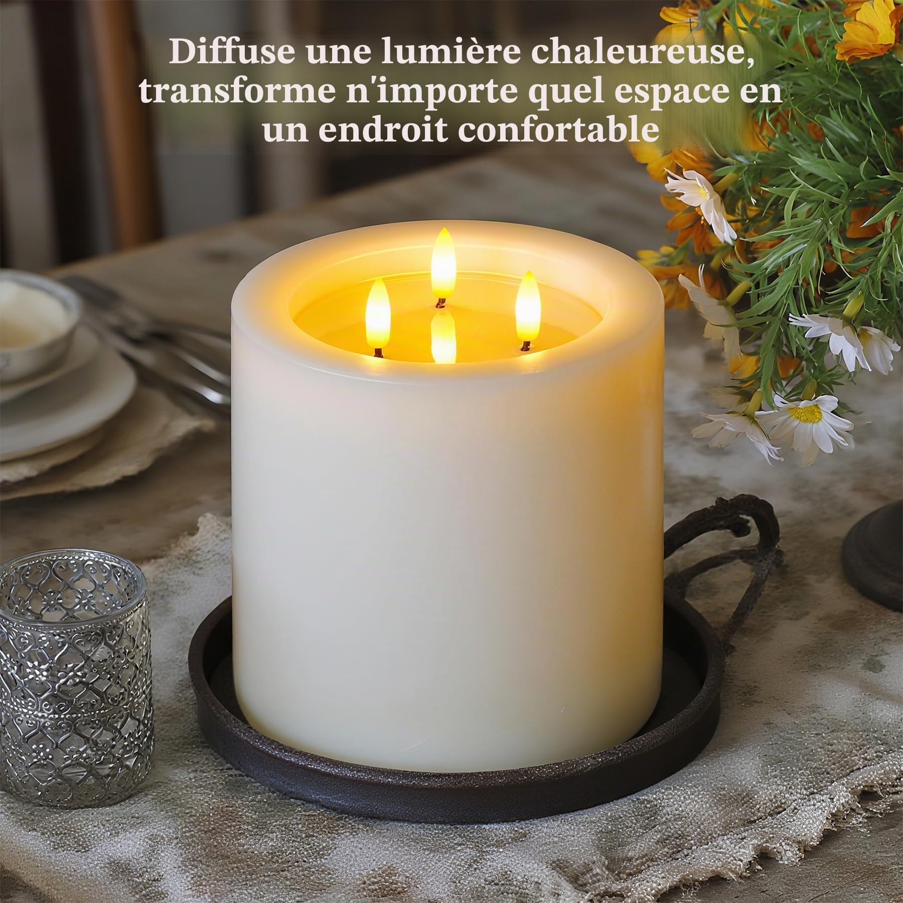 Yeelida 3-Mèches 15x15cm Grandes Bougie LED sans flamme avec télécommande et effet huile de cire, fonction minuterie Ivoire Bougie 3D-Mèches en cire véritable fonctionnant sur piles et vacillantes