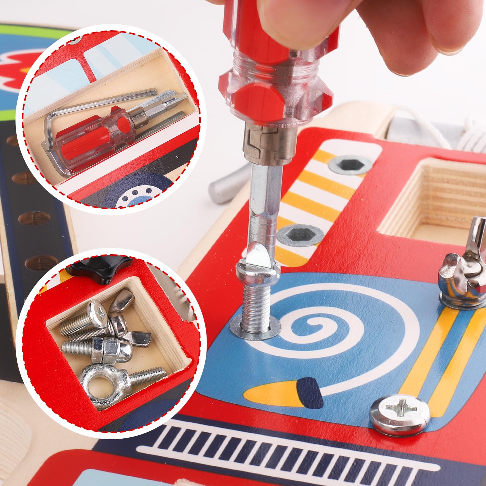 Montessori Brandweer Schroefbord van Hout – Motoriek Speelgoed vanaf 3 Jaar, Educatief Busy Board met Schroeven en Gereedschap, Cadeau voor Jongens en Meisjes