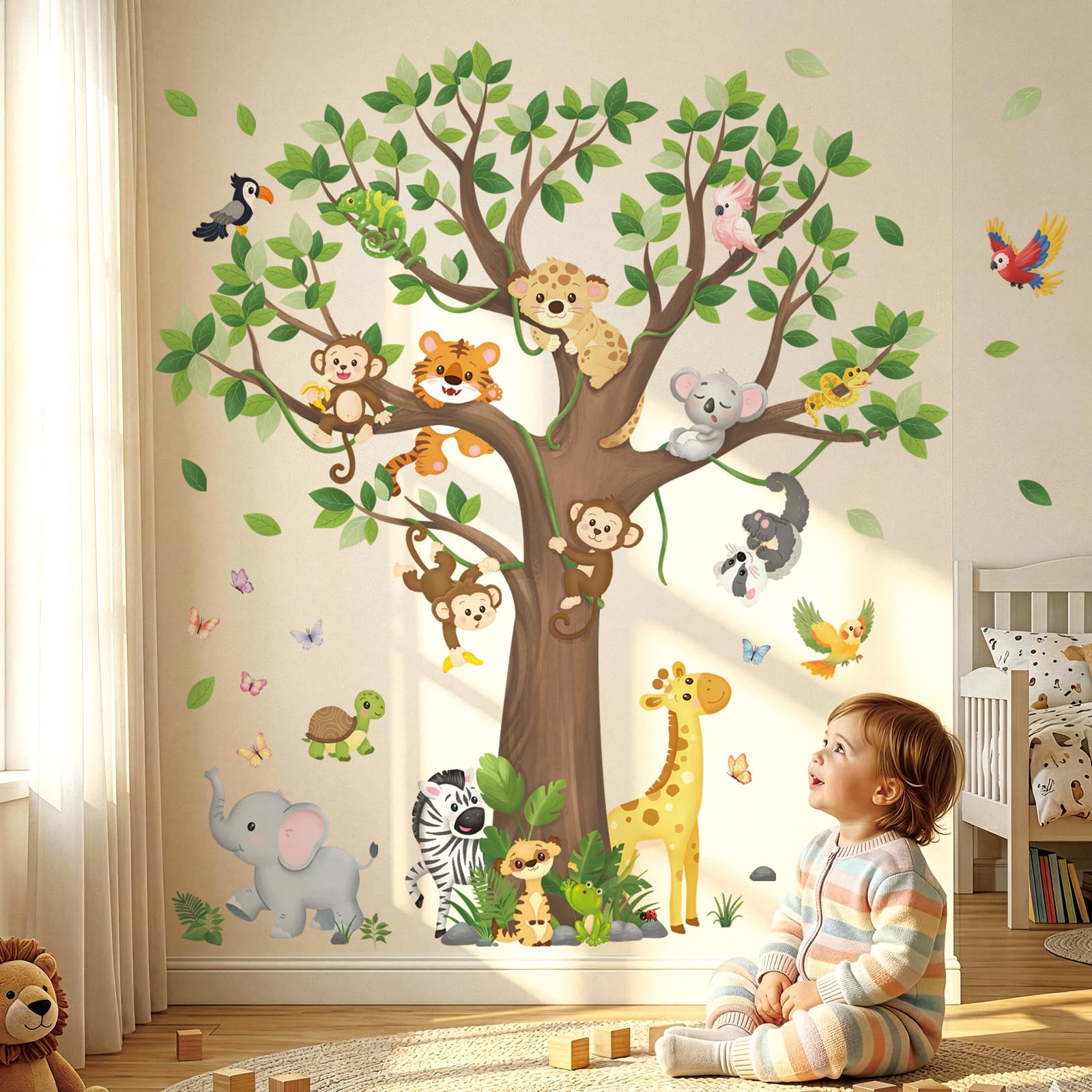 Decowall Boys Tree Animals Large Tree Jungle Animals Wall Stickers Removable Safari Zoo Decals For Kids Bedroom Nursery Playroom Décor (Sg4-2504)