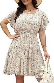 Plus Size Summer Dresses for Curvy Women Casual Boho Midi Chiffon Print Floral Dress with Ruffle Sleeve 14-26 - Buy now