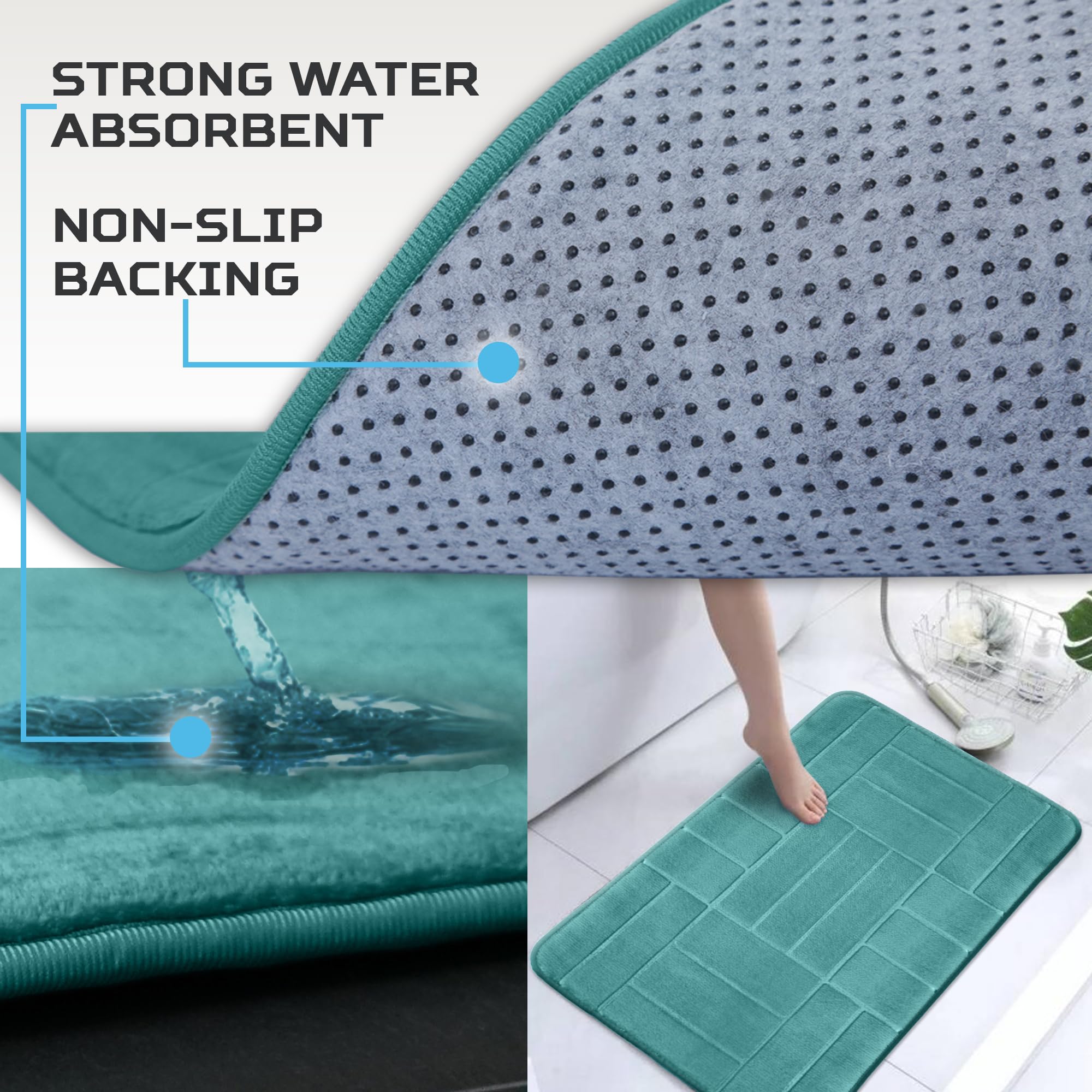 Juego de 5 alfombras de baño de espuma viscoelástica, suaves y cómodas, antideslizantes, gruesas, absorbentes, lavables a máquina, color verde azulado aguamarina