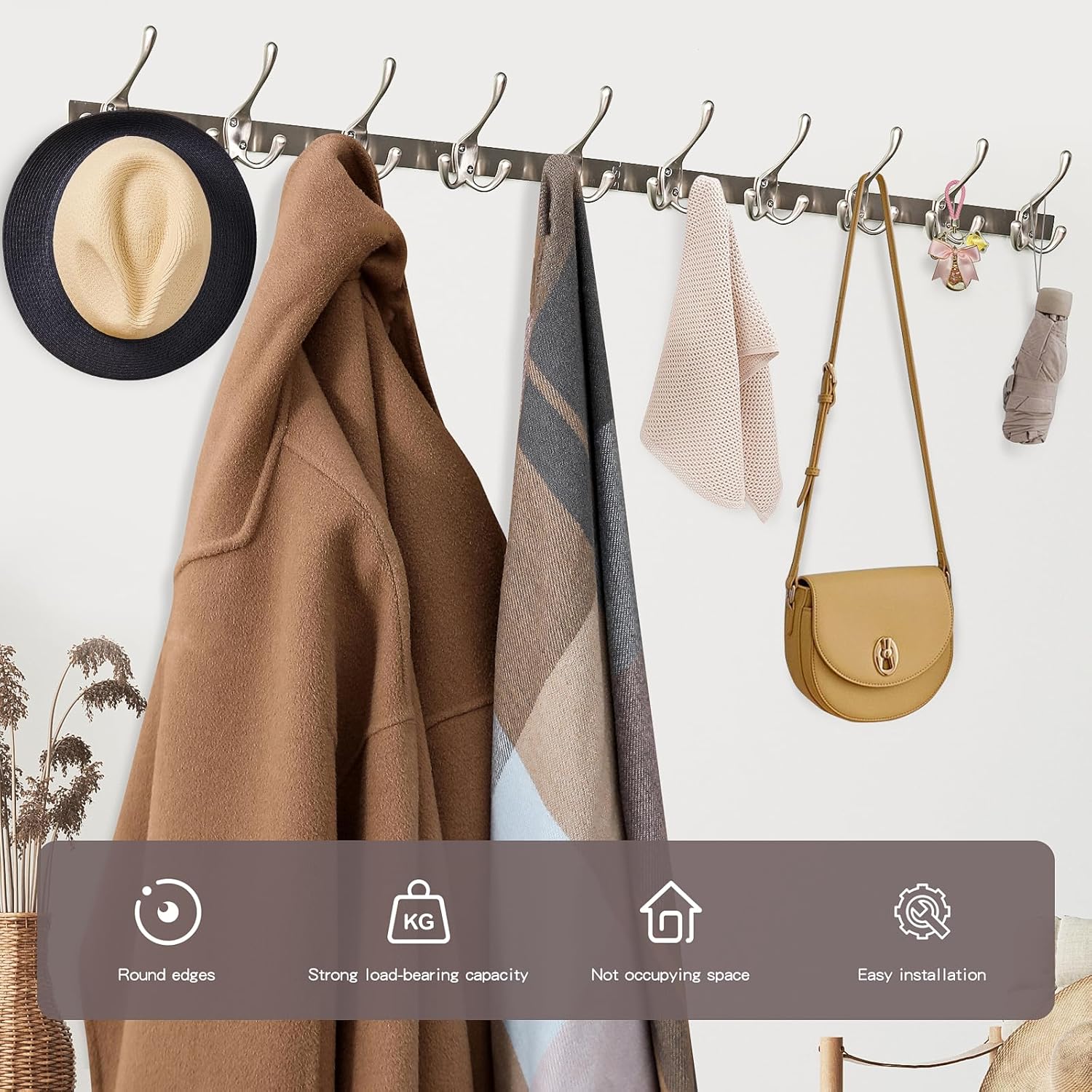 Modern Zinc Alloy Wall Mounted Coat Rack - Multi-Purpose Wall Hook Organizer with 10 Hooks, Rustproof Metal Hook for Hallway, Bathroom, Bedroom (Silver Nickel, 1 Item-10 Hooks)