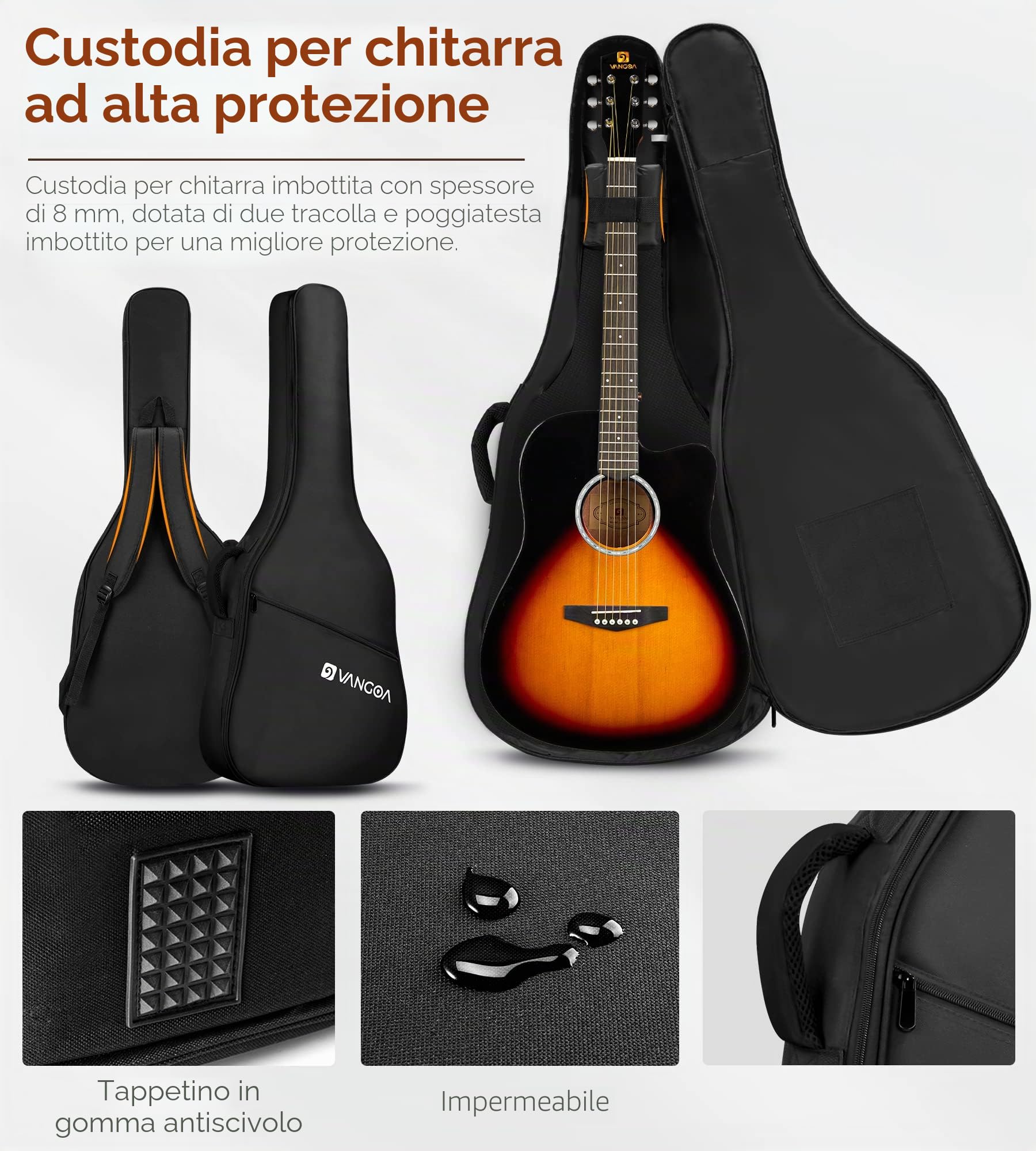 Vangoa 4/4 Chitarra Acustica Kit Abete Rosso Legno Dreadnought Chitarra Folk Acustiche per Principianti Adulto Studente con Borsa Corde Plettri Capotasto Cinghia, Lucido, Sunburst
