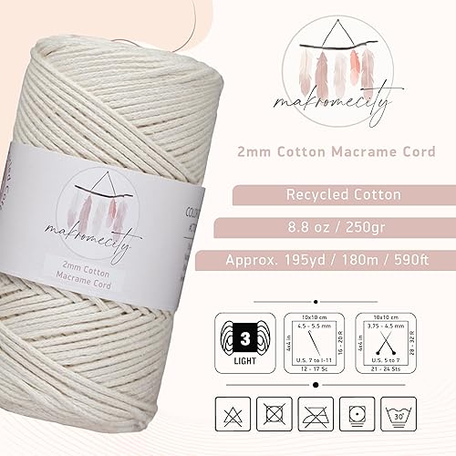 Miniatura 2 de Makromecity, Cordón de macramé de algodón de 0.079 in x 195 yardas (590 pies) de algodón reciclado de 0.079 pulgadas, hilo de ganchillo para