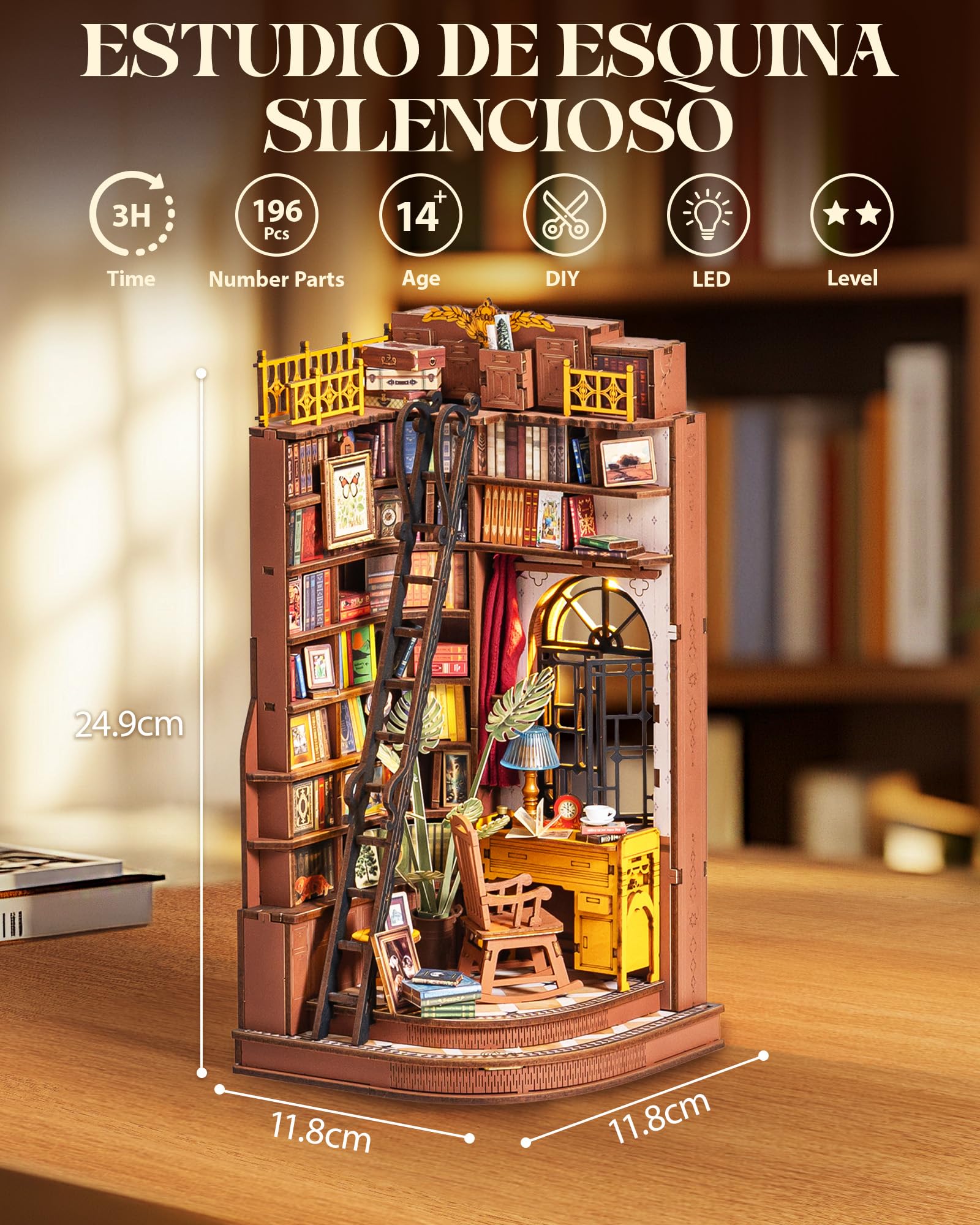 Rolife Book Nook Estudio de Esquina Silencioso Casa de Muñecas para Decoración de Escritorios Diorama Booknook DIY Miniaturas House Regalo de Cumpleaños de Navidad para Adolescentes y Persona Amada