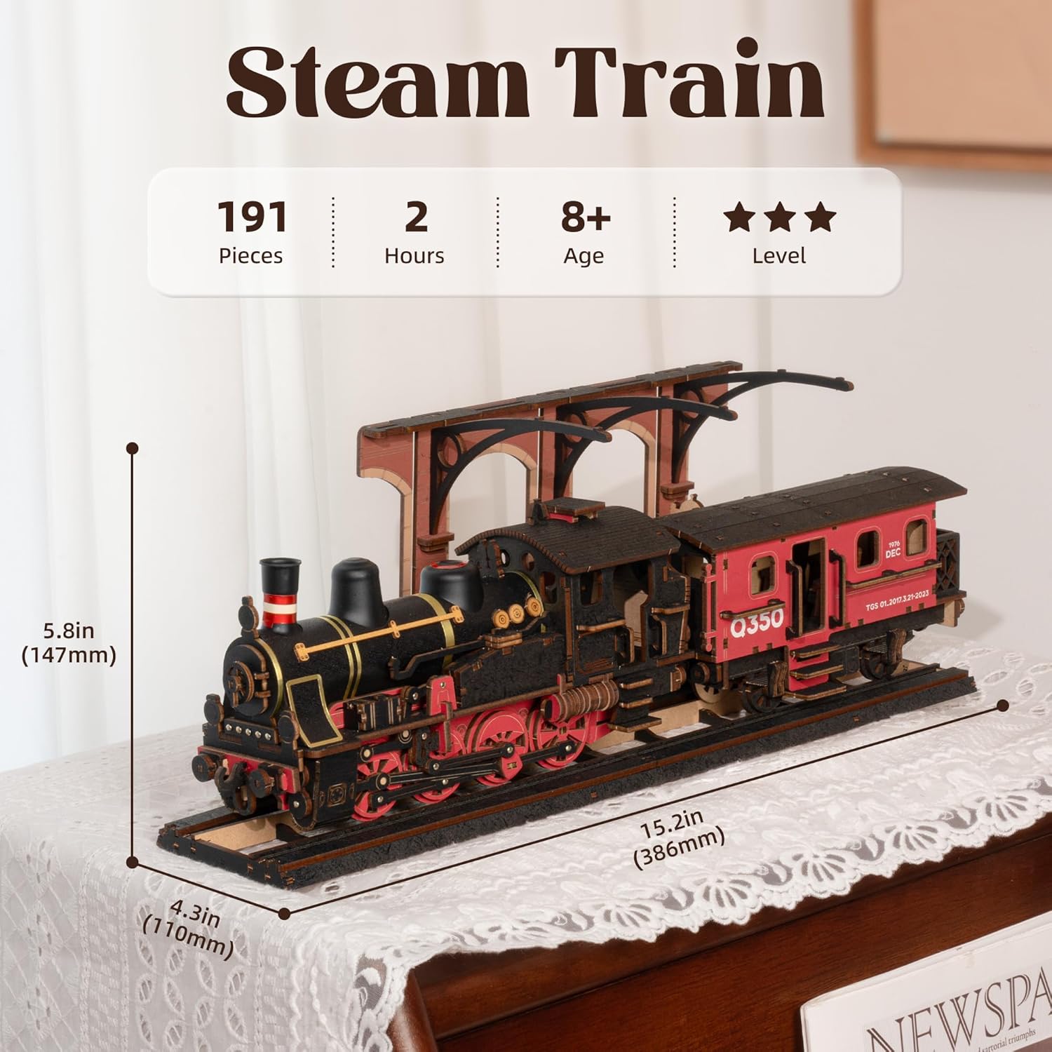 Diagram showing the dimensions, piece count, age recommendation, and difficulty level of the Steam Train puzzle