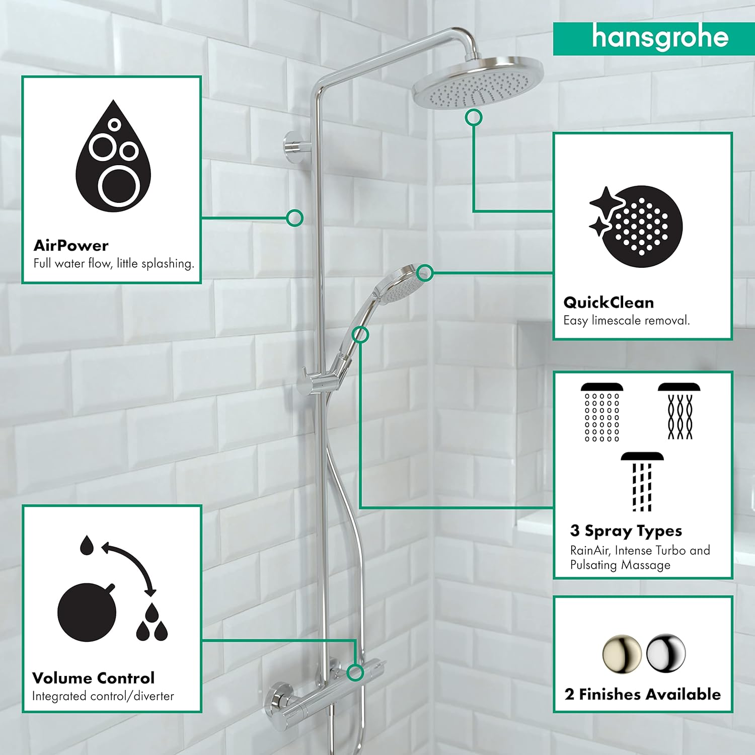 hansgrohe Croma Shower Faucet Set with Handheld Shower, Rain AirPower Spray, QuickClean Showerpipe Shower Set in Chrome, 27185001 Large & Croma Sliding Height Adjust Air Infusion, Rain AirPower Spray