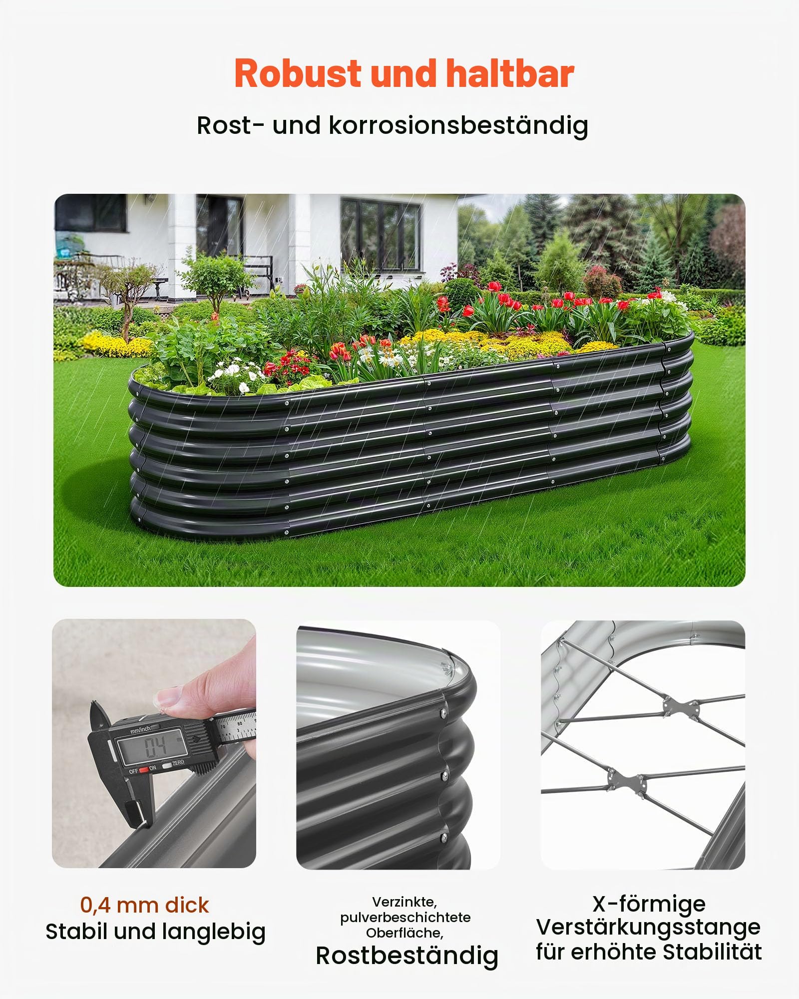 VEVOR Hochbeet Metall 2000x600x420 mm, Pflanzbeet, Gemüsebeet, Pflanzkasten mit offenem Boden & abgerundeten Kanten, Blumenbeet, Kräuterbeet, ideal für Gemüse, Blumen, Kräuter & Sukkulenten, Oval
