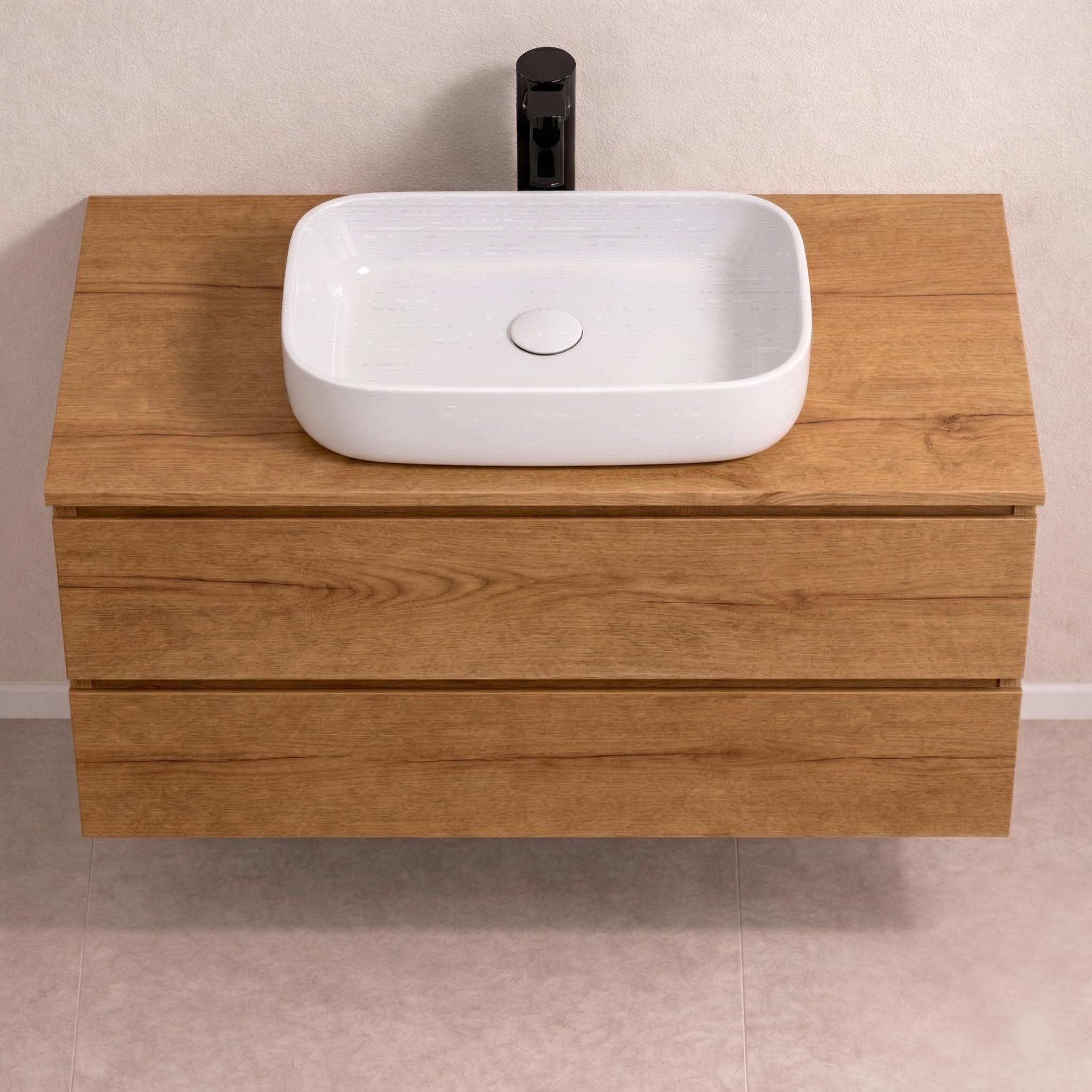 Mueble Baño con Lavabo sobre Encimera Y Espejo Mueble Suspendido De 2 Cajones con Cierre Suave Silent System Montado En Acabado Roble Gold 60 Cm Ancho 45 Cm Fondo 52 Cm Alto