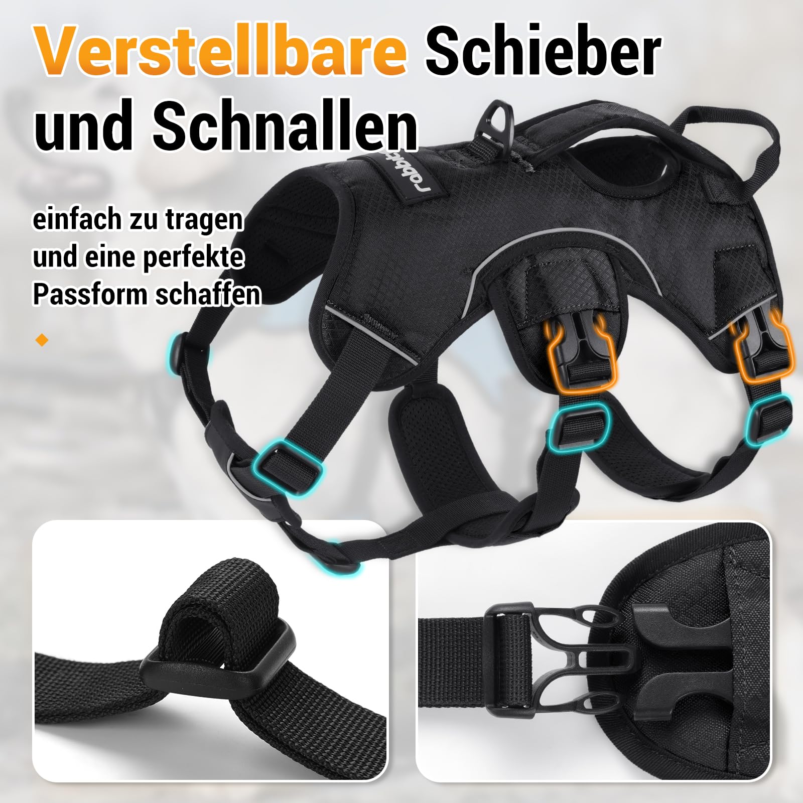 rabbitgoo Ausbruchsicheres Hundegeschirr Mittelgroße Hunde mit Griff, Anti Zug Sicherheitsgeschirr Hund Atmungsaktiv, Verstellbare Brustgeschirr, Gepolstertem Hundeweste, Panikgeschirr, Schwarz M