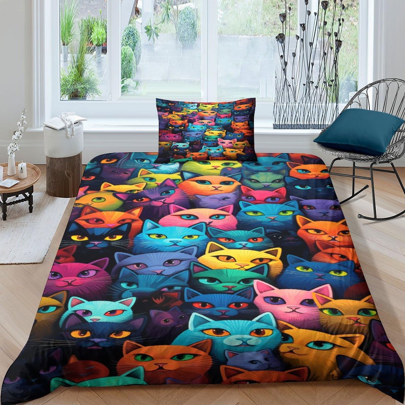 Housse de couette chat 135x200cm hypoallergénique, literie microfibre contre peaux sensibles