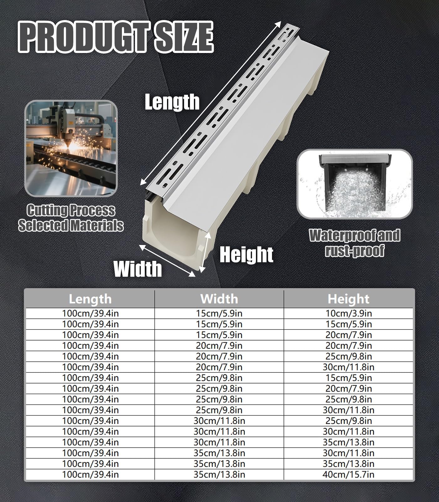 System odpływów rowowych w kształcieLy U(100x20x25cm/39.4x7.9x9.8in)