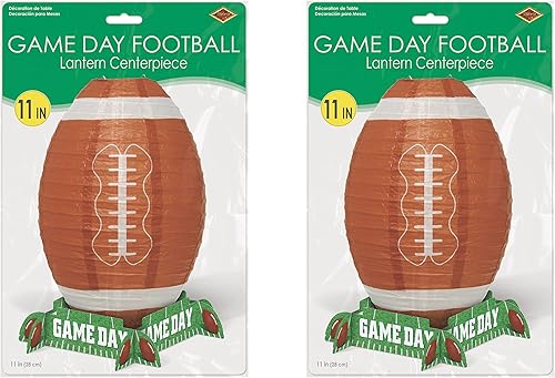 Miniatura 2 de Beistle Paquete de 2 faroles de fútbol, verde/blanco/marrón con soportes de metal para mesa, suministros de fiesta deportiva y decoración atlética,