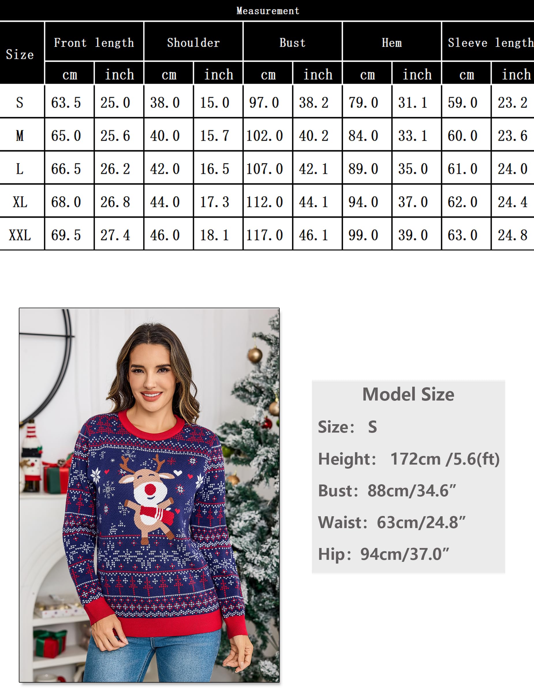 Litherday Weihnachtspullover Damen Weihnachten Strickpullover Christmas Sweater Rundhals Langarm Rentier Schneeflocken Muster Weich Pullover Weihnachtsfeier Winter
