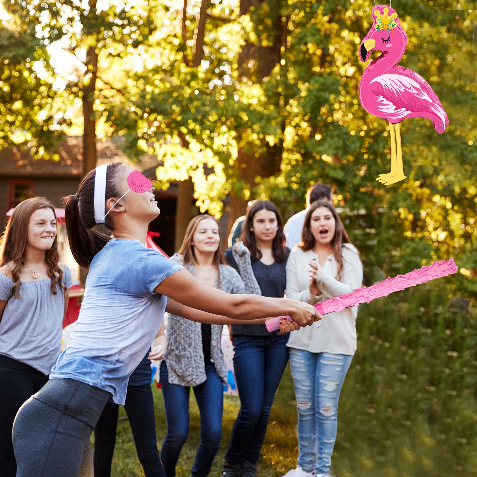 Pinata de Flamant Rose Pinata de Fête Tropicale Petite Pinata de Fête Hawaïenne avec Bâton Bandeau et Confettis pour Enfants Pinata de Fête Luau pour Fête Anniversaire Été, 41 x 30 x 8 cm