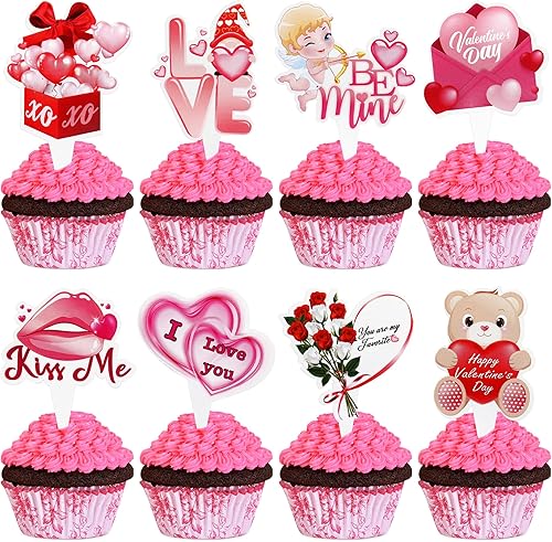 Miniatura 21 de Ercadio XOXO - Paquete de 24 adornos para cupcakes con purpurina con forma de corazón y corazones de amor dulce para el día de San Valentín,