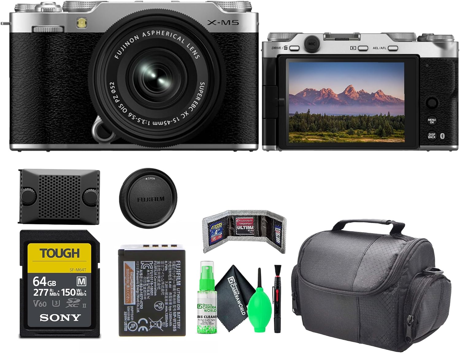 Fujifilm X-M5 Mirrorless Digital Camera with Fuji XC 15-45mm f/3.5-5.6 OIS PZ Lens Kit – Silver Bundle with 64GB SF-M Tough Series UHS-II SDXC Memory Card + Cleaning kit + Travel Bag + More