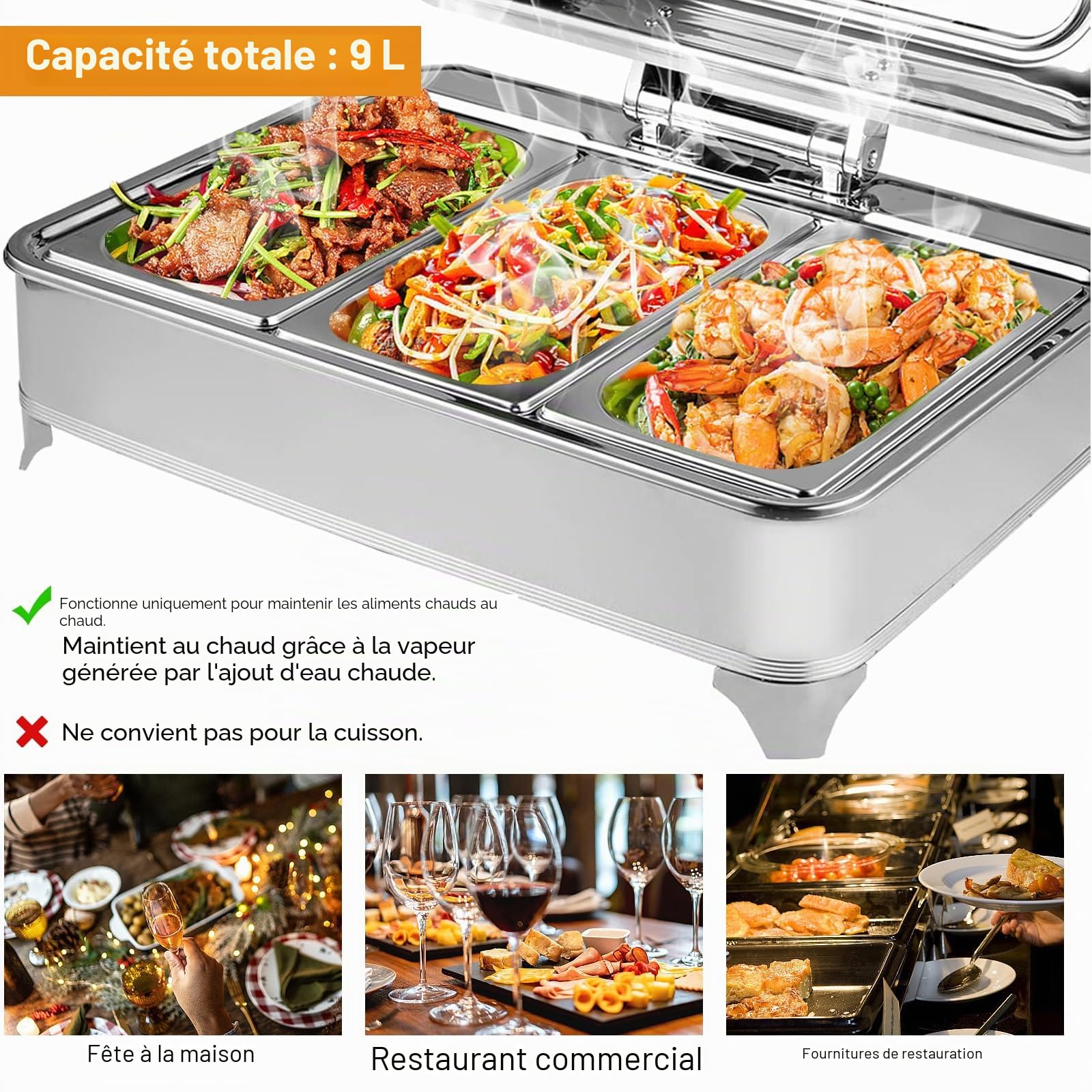 9L Chafing Dish Electrique, Chauffe-Plats Électrique Buffet Server, Acier Inoxydable Buffet Chauffant pour Restauration, Buffet fêtes, Température Réglable 30-85°C (1/3)