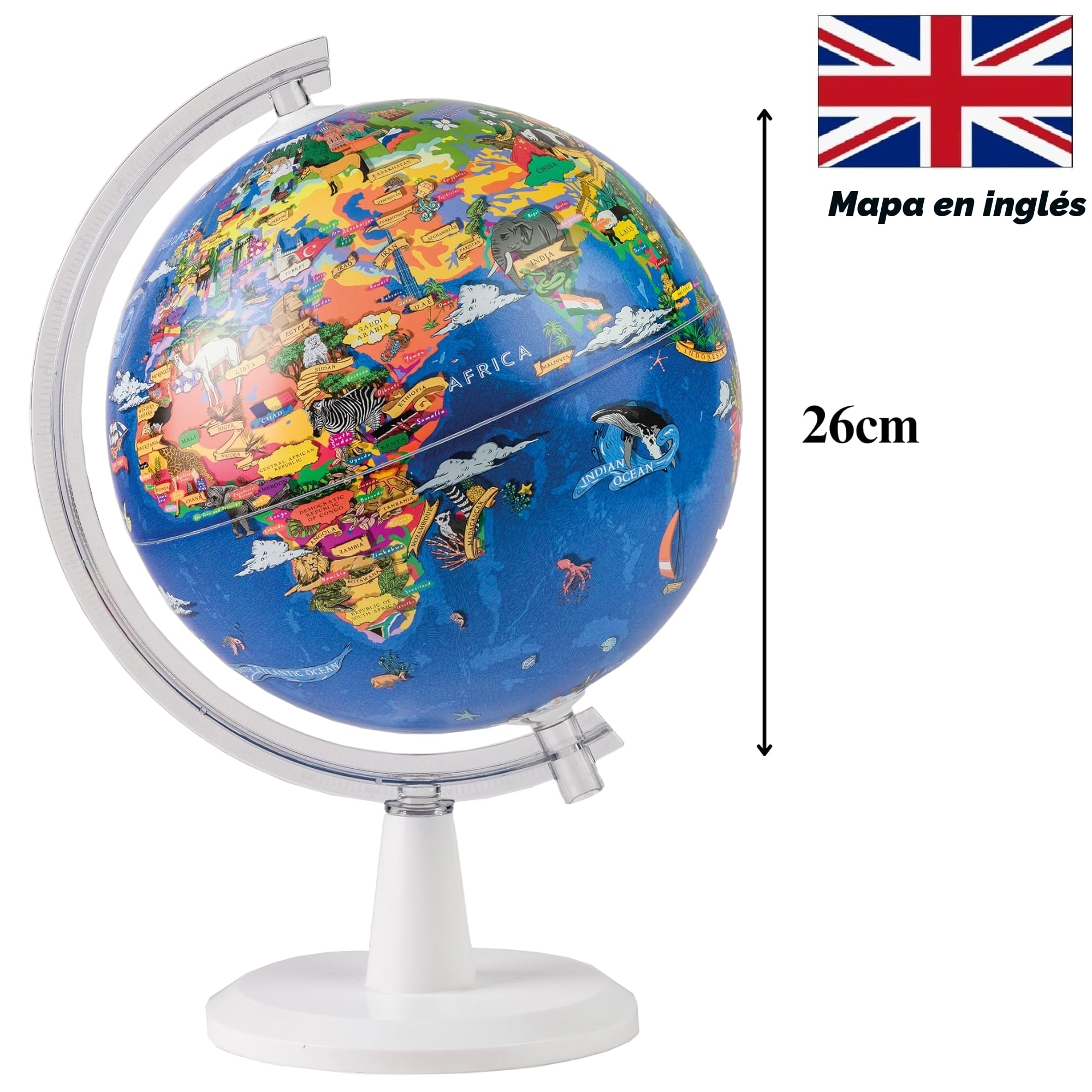 Globo terráqueo de 26 cm. "Mi mundo" Pantalla gráfica + Pasadores de succión de seguridad + Tarjetas con pines + Soportes gráficos desmontables