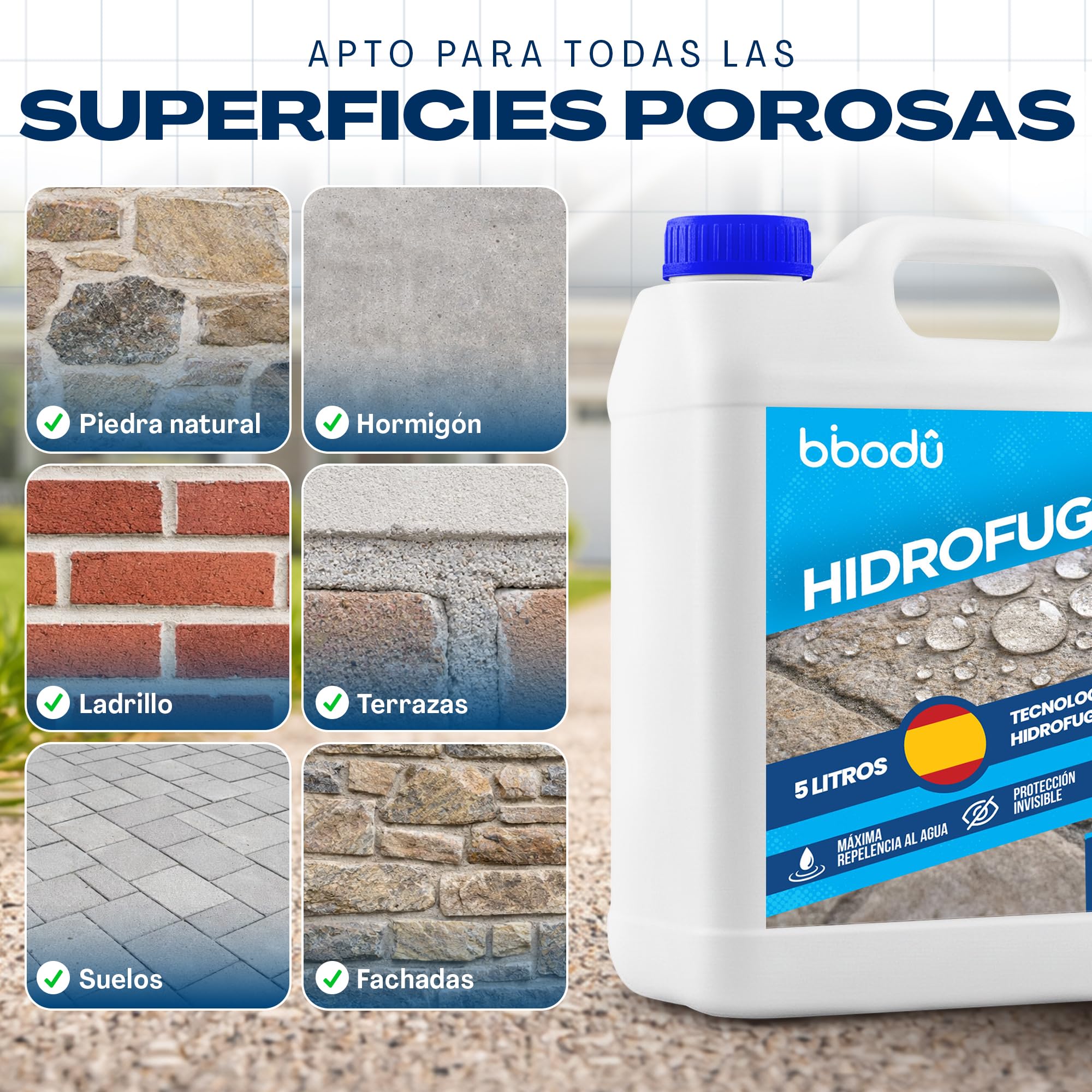 Hidrofugante Impermeabilizante 5L para 30-50 m2 | Hidrofugante Invisible para Fachadas, Terrazas, Piedra y Hormigón | Previene las manchas verdes, suciedad y humedad