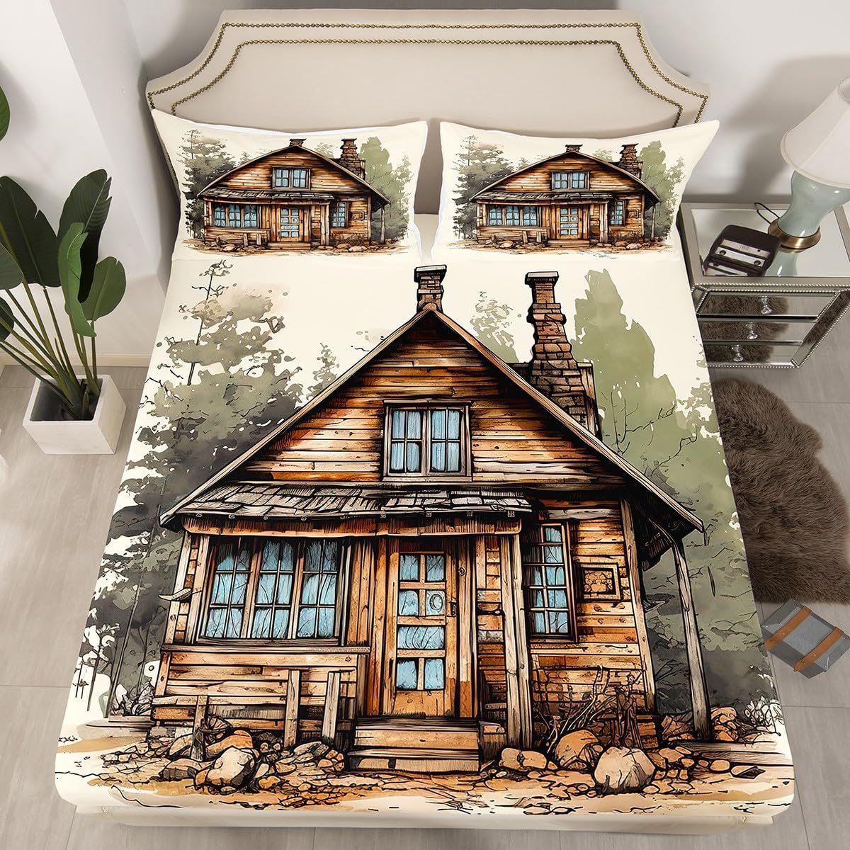 Erosebridal 4Pcs Rustic Cabin Sheet Set Queen Size, Lodge Country Style Bed Sheets Set Western Home Decor for All Season, 1 Fitted Sheet 1 Flat Sheet 2 Pillowcases