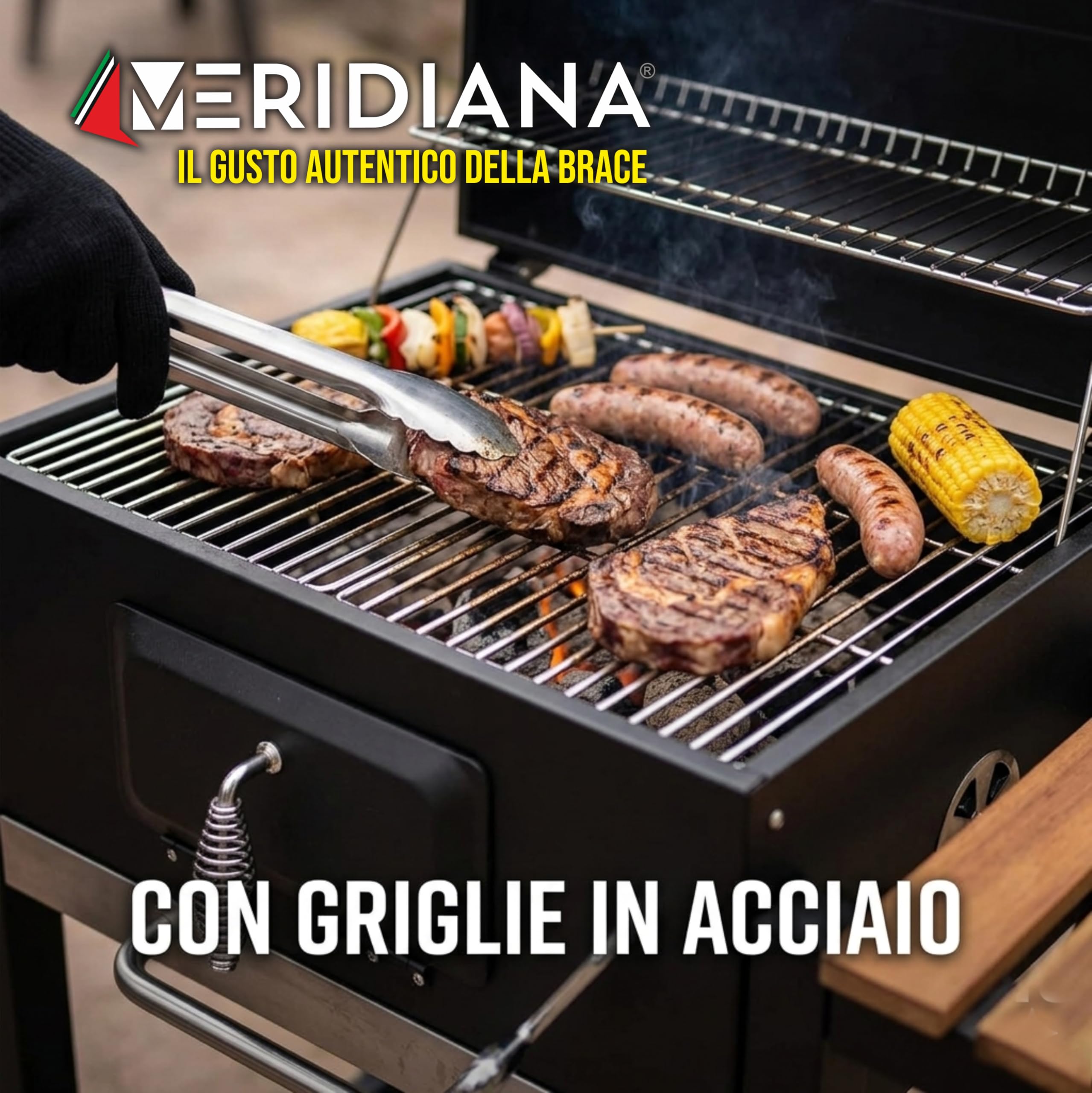 Meridiana Barbecue a Carbonella XXL con Coperchio e Termometro, Griglia in Acciaio Inox
