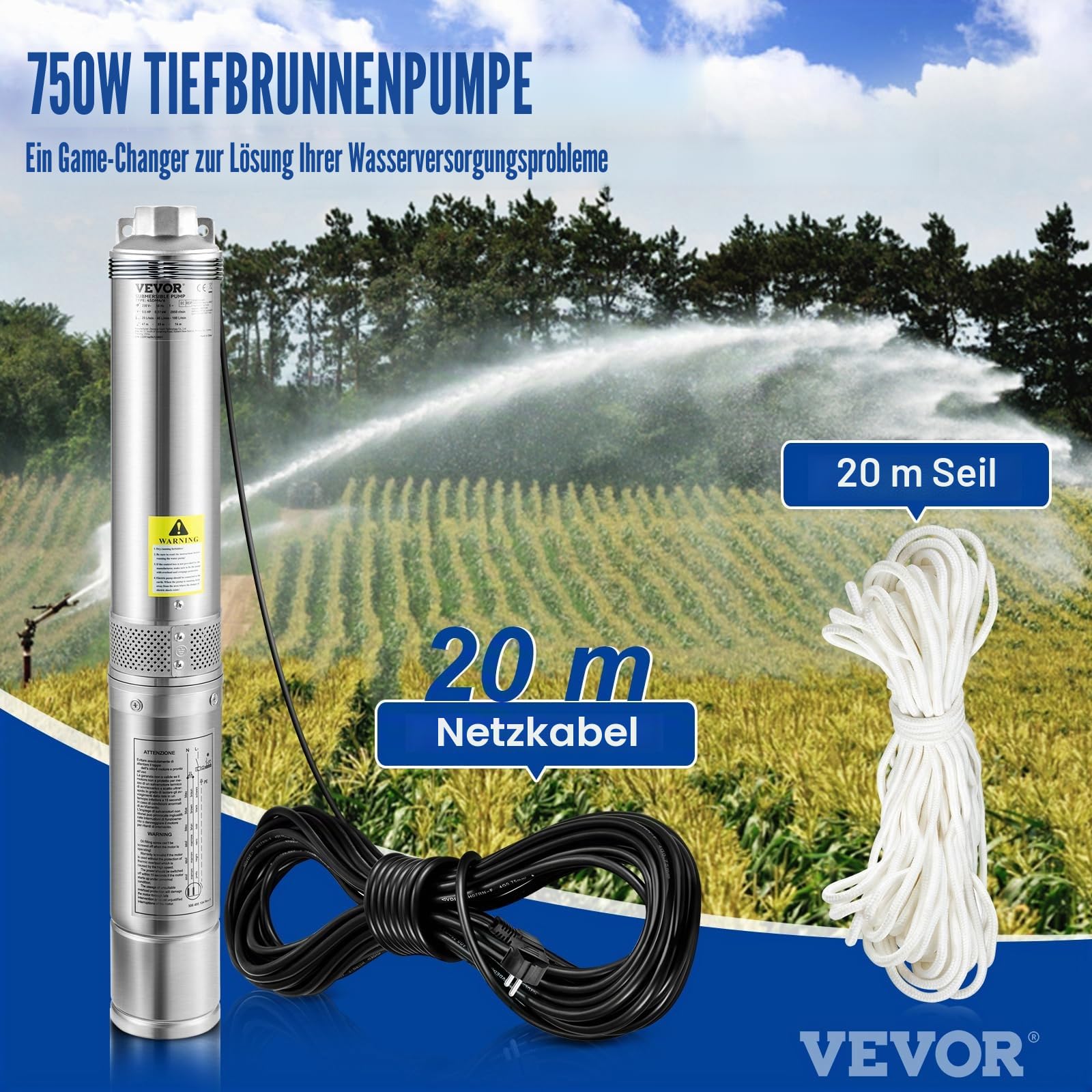 VEVOR 3, 5'' Tiefbrunnenpumpe 750W Brunnenpumpe 105L/min Tauchpumpe max. Förderhöhe 62m Rohrpumpe 230V 50Hz Sandpumpe IP68 Wasserpumpe mit 20m Kabel Pumpe Ideal zur Bewässerung, Silber