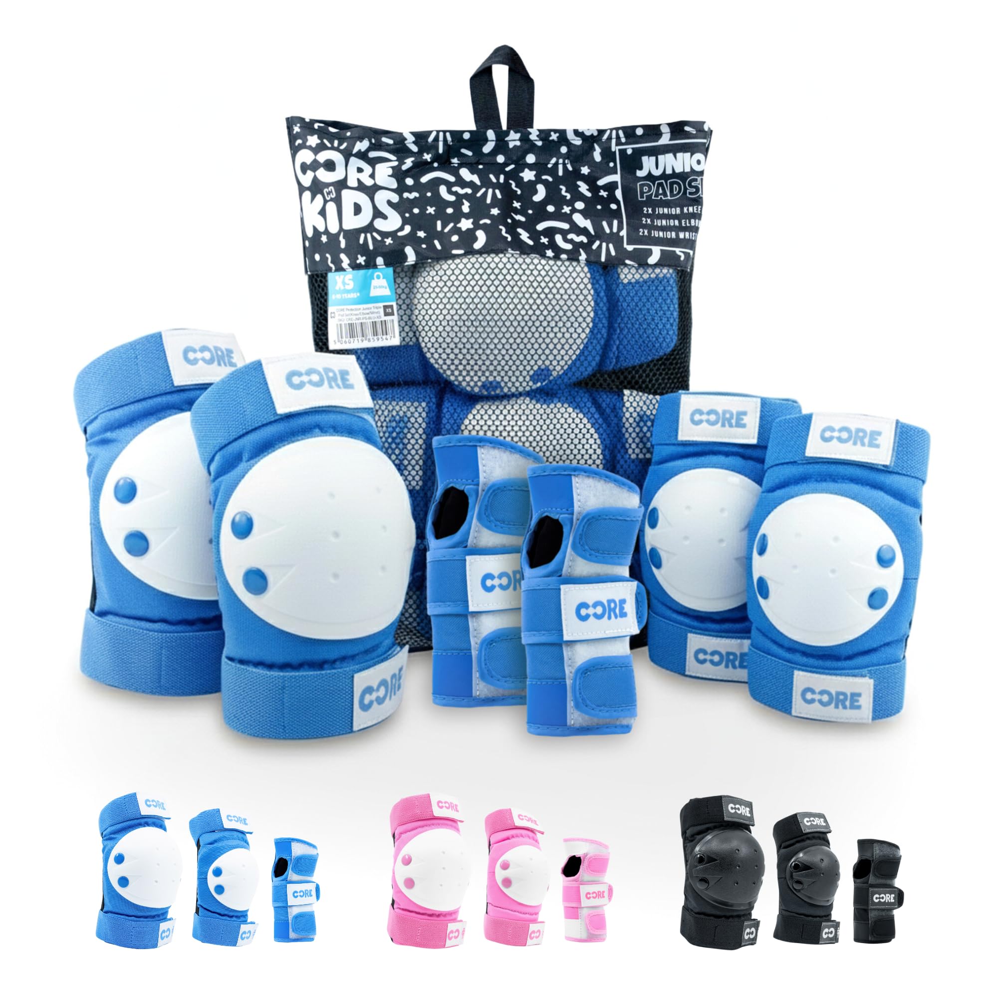 Core Junior Triple Pad Set Knee Pads Elbow Pads Wrist Guards 6 in 1 Protective Gear Set for Kids Youth Adult for Skateboarding Scooter Cycling BMX Skating Skate
