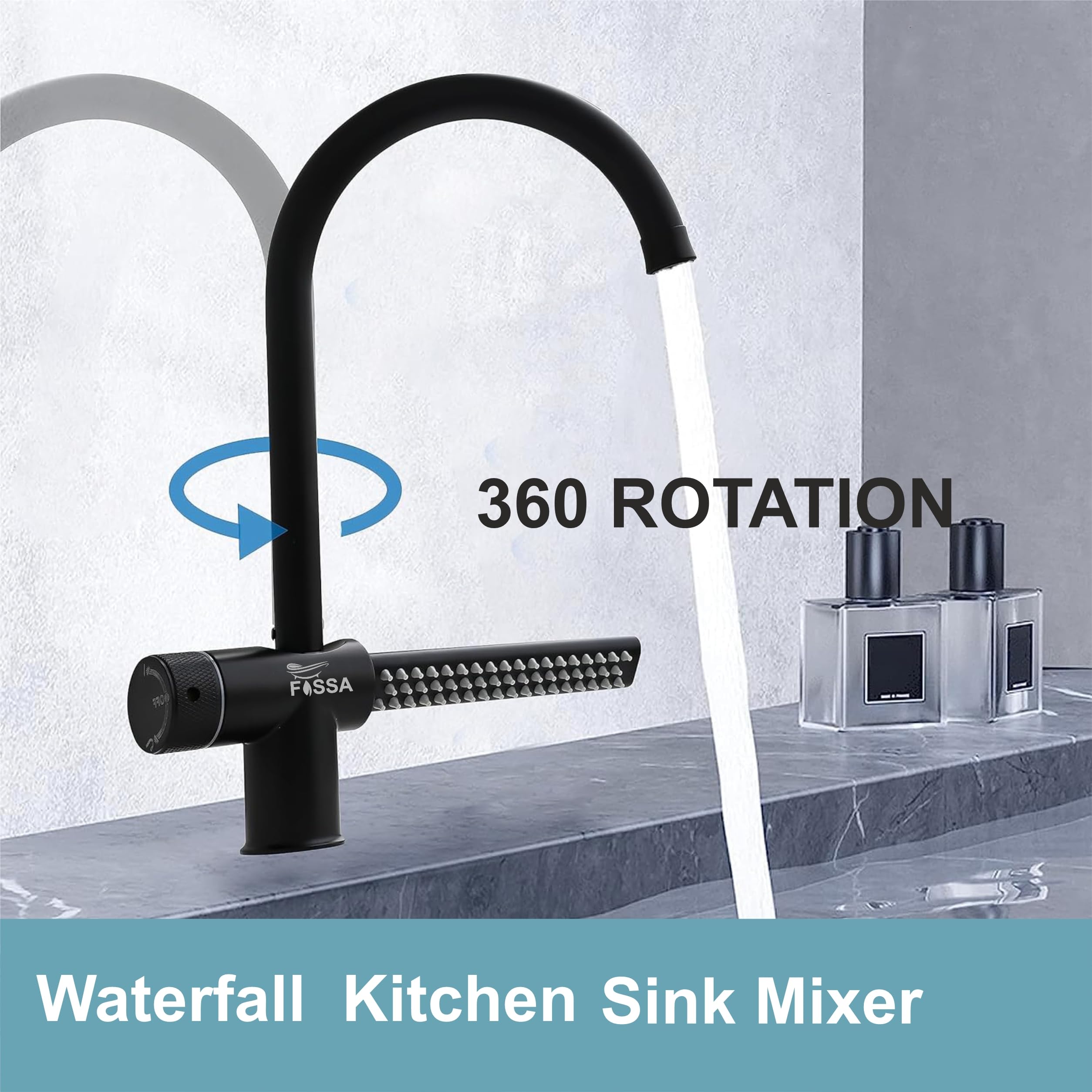 Fossa Waterfall Sink Mixer with Swivel Spout, Hot & Cold Kitchen Tap Mixer 304 Grade Stainless Steel Matt Fanish Black Waterfall Feature (Black) 3