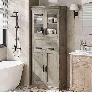 GAOMON 67" Tall Bathroom Cabinet with 4 Doors & Flip Glass Drawer, Storage Cabinet with Adjustable Shelves, Freestanding Organizer for Kitchen, Pantry, Living Room (Gray)