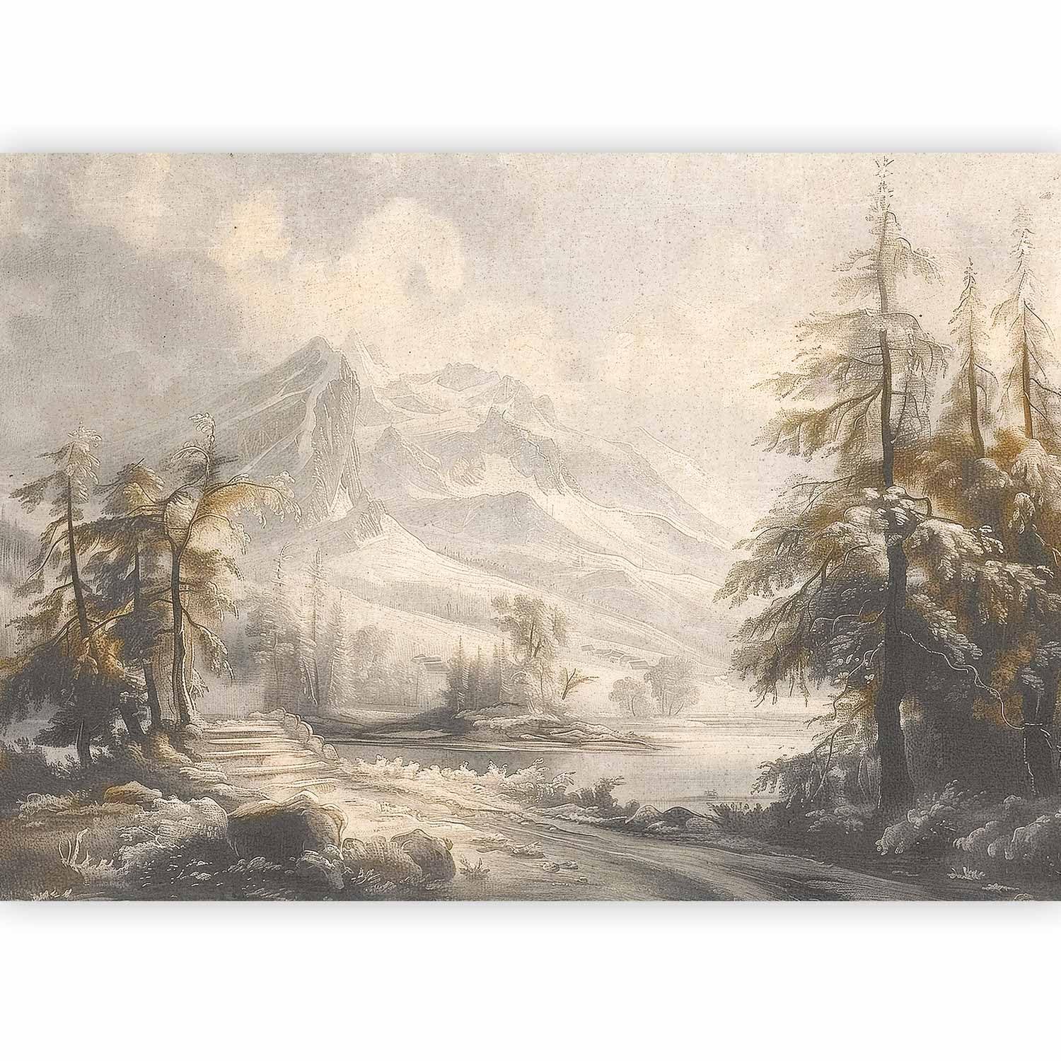 Papier peint panoramique premium rivière enneigée 350x256 cm design artistique gris salon