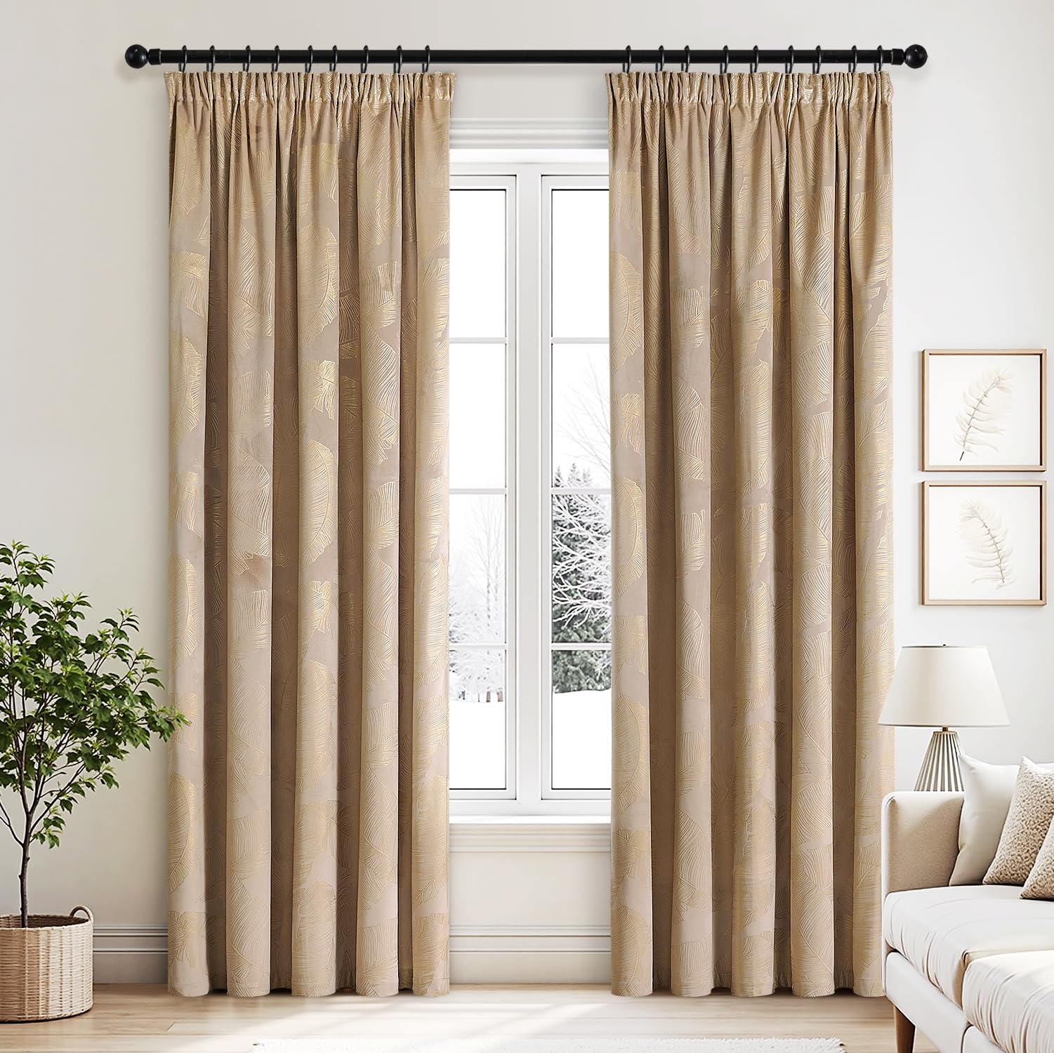 MIULEE Samtvorhang Blattgolddruck Blickdicht 2er Set B140 H260 Beige | Weicher Samtvorhang mit edlem Blattgolddruck und Kräuselband, blickdicht, elegante Deko für Wohnzimmer und Schlafzimmer