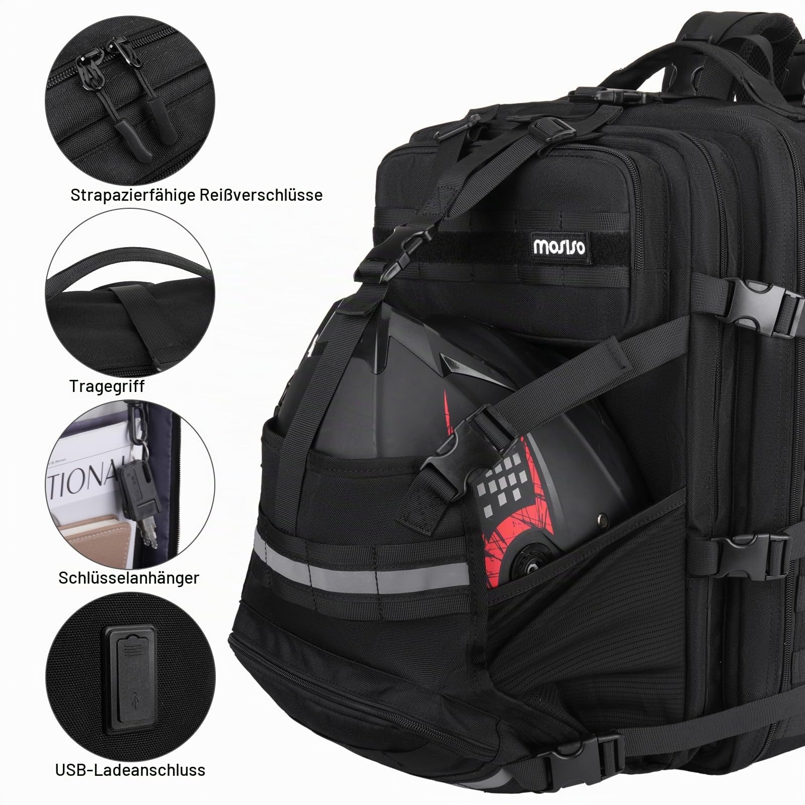 MOSISO Motorrad Rucksack Grosse Kapazität, Helmrucksack Anti-Diebstahl, Reflektierend, Helm Rucksack Laptopfach Mit USB-Ladeanschluss, Motorrad Rucksäcke Für Wandern Reisen Outdoor Arbei, Schwarz | Motorrad-Rucksäcke mit USB-Ladeanschluss und Laptopfach,
