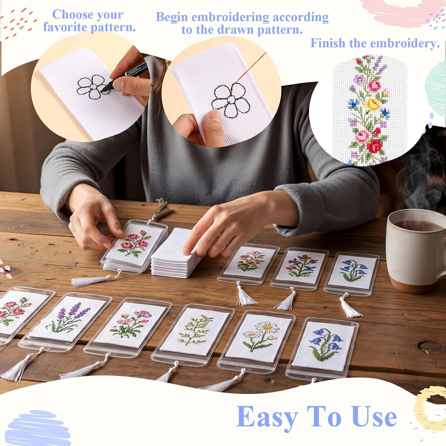 Flutesan 60 Pcs Blank Cross Stitch Bookmark Making Kit Include Cotton Blank Bookmarks with Clear Bookmark Sleeves and Tassels Cross Stitch Kit for DIY Craft Reading Book Lovers Gift Party Favor(White)