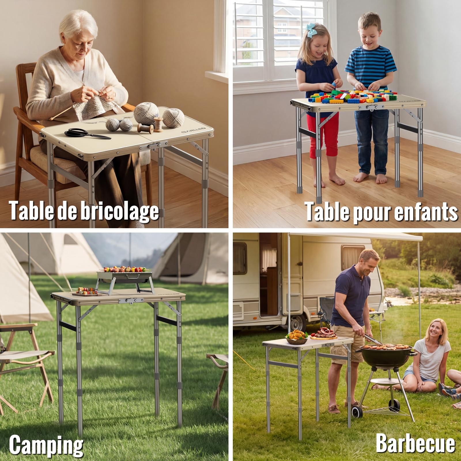 GARLLEN Table de Camping imperméable avec Plateau en Plastique Haute densité, Table de Pique-Nique Pliable Portable avec 3 hauteurs réglables, Cadre en Aluminium, Table d'extérieur pour Barbecue | Table Pliante Exterieur à 3 Hauteurs Réglables,Table de Pi