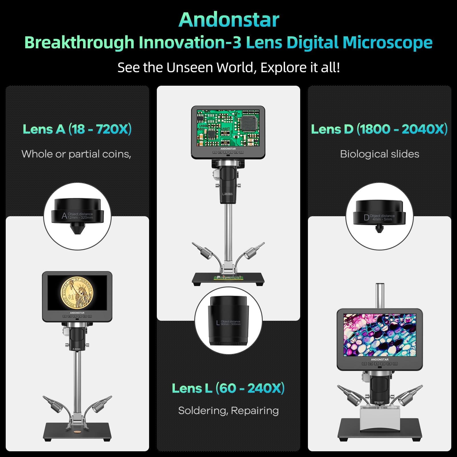 Andonstar 3 Lens Digital Microscope - 2160P HD -2