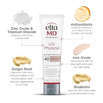 EltaMD UV Physical Tinted Sunscreen SPF for Face, 100% Mineral Active Sunscreen, Transparent Zinc Oxide Finish