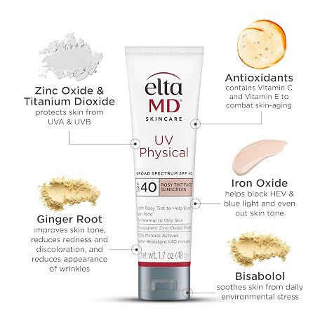 EltaMD UV Physical Tinted Sunscreen SPF for Face, 100% Mineral Active Sunscreen, Transparent Zinc Oxide Finish