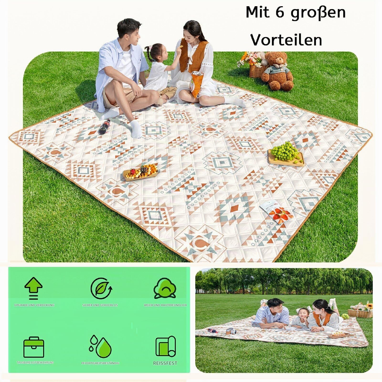 Picknickdecken für draußen, große Campingdecken, wasserdicht, maschinenwaschbar, für unterwegs (Warme Sandfarbe, 200X220CM)