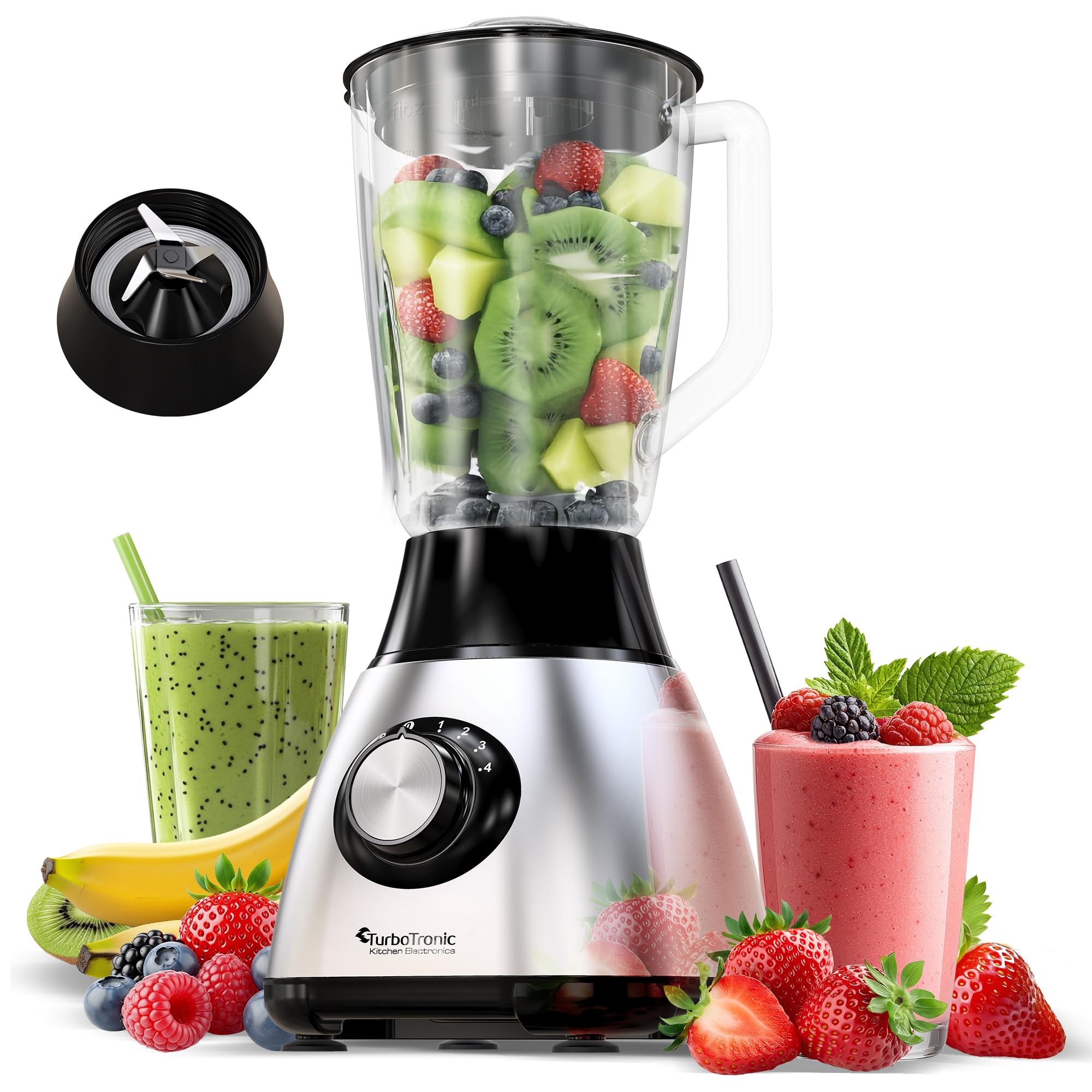 TurboTronic Mixeur 1200W, Blender avec bol en verre 1,5L, Fonction glace pilée – Sans BPA, Acier inoxydable – Smoothies, milkshakes et sauces