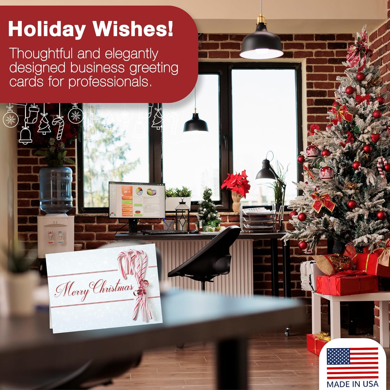 Merry Christmas Cards for Business & Family (Candy Canes) Bulk Greeting Card Set Pack of 25 Christmas Cards with Envelopes (5x7 inch - A7) Great for Office, Work, Employees & Clients H1605