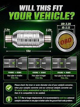 2.25 Inch Inlet/Outlet Universal High Flow Front Catalytic Converter Direct-Fit with O2 Port & Heat Shield