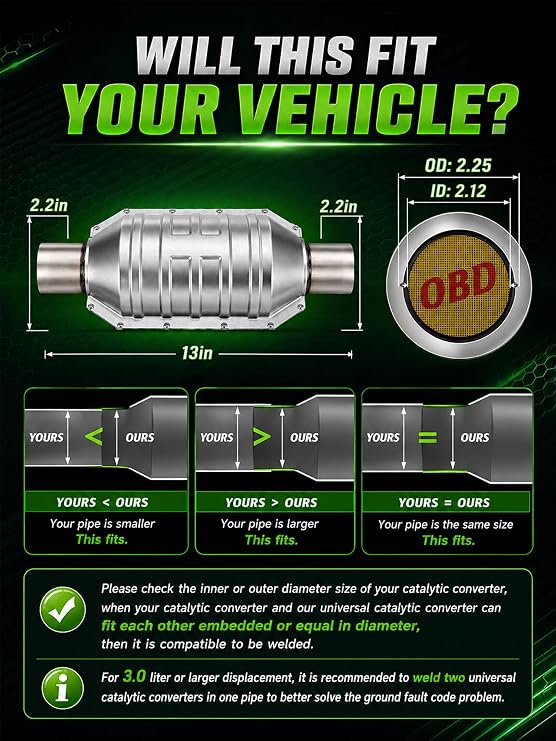 2.25 Inch Inlet/Outlet Universal High Flow Front Catalytic Converter Direct-Fit with O2 Port & Heat Shield