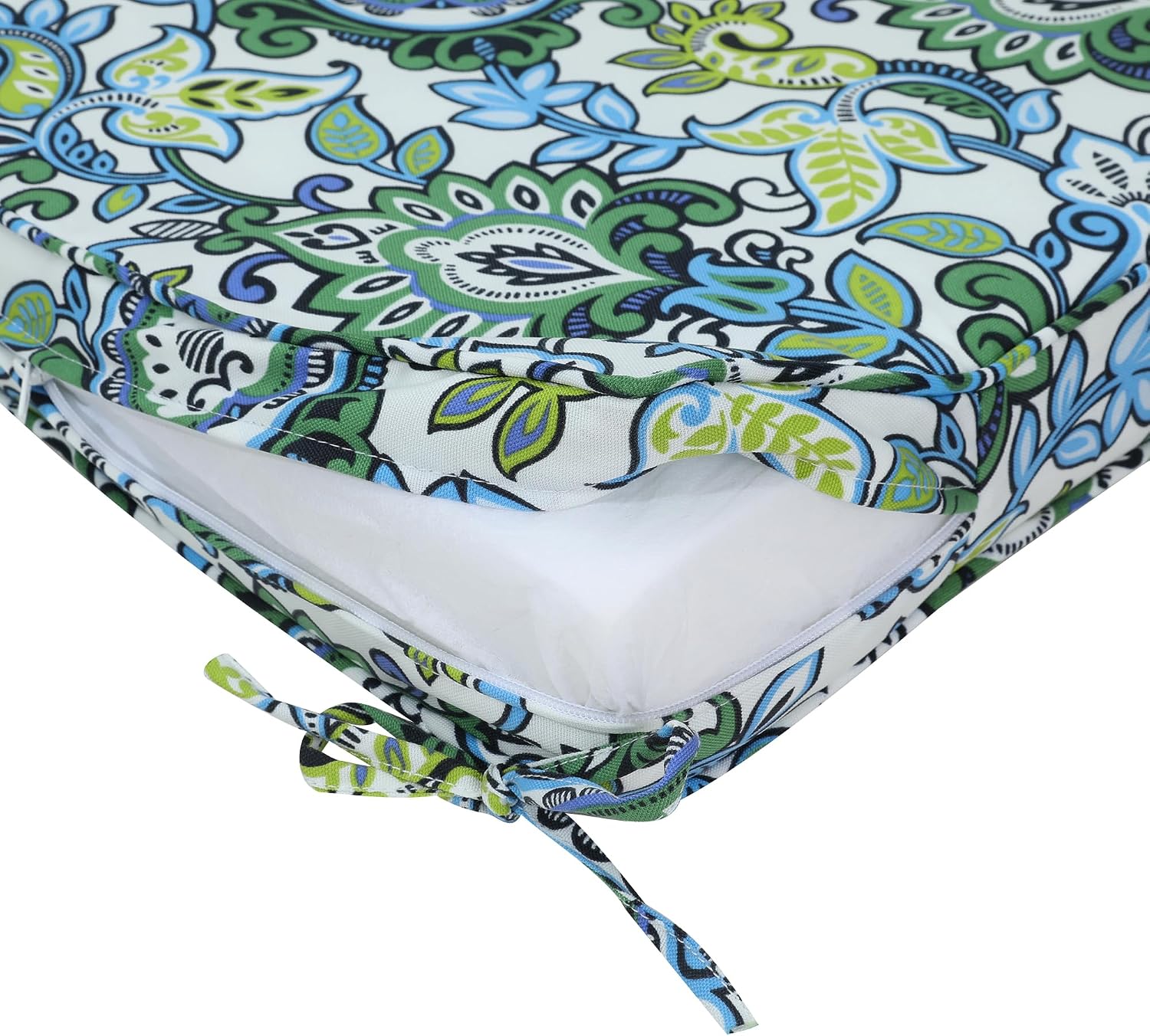 Magpie Fabrics Outdoor Bench Cushion 42 x 18 Inch, Waterproof Fade Resistant Patio Garden Loveseat Sofa Settee Couch Pads with Carry Handle and Ties, Botanical Blue Green