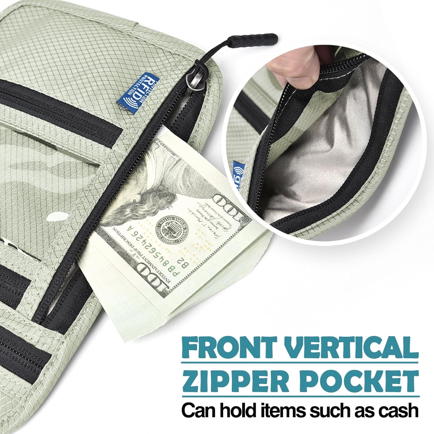 RFID Blocking Travel Neck Wallet–Hidden Passport Holder & Anti-Theft Money Pouch for Men & Women, Lightweight Concealed Travel Organizer with Adjustable Strap Secure Document (Grey Green) - Image 5