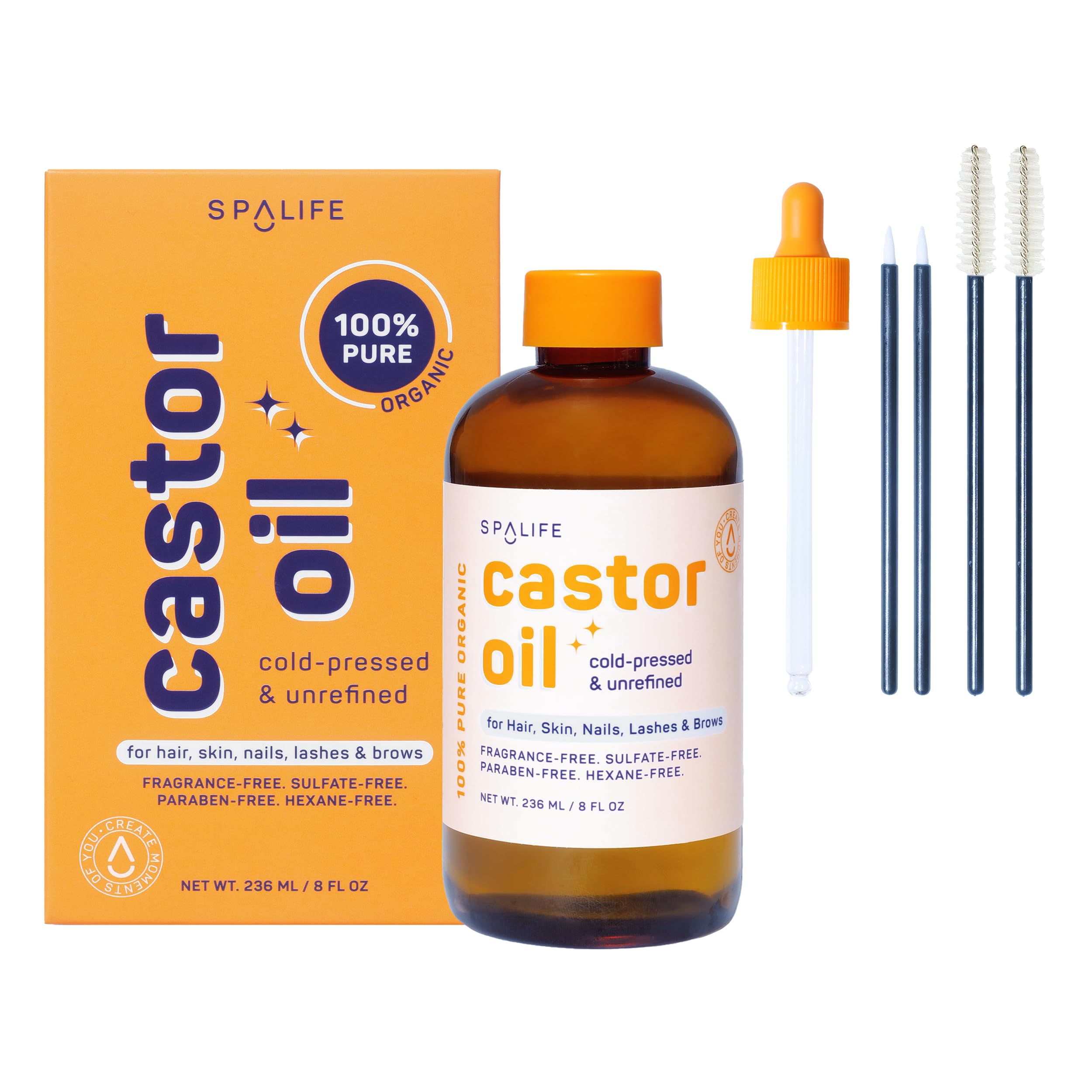 SpaLife Organic Cold Pressed Castor Oil | Hexane Free Cold Pressed Castor Oil & 2x Brow Brushes, 2x Lash Line Applicators, and Dropper | For Healthy