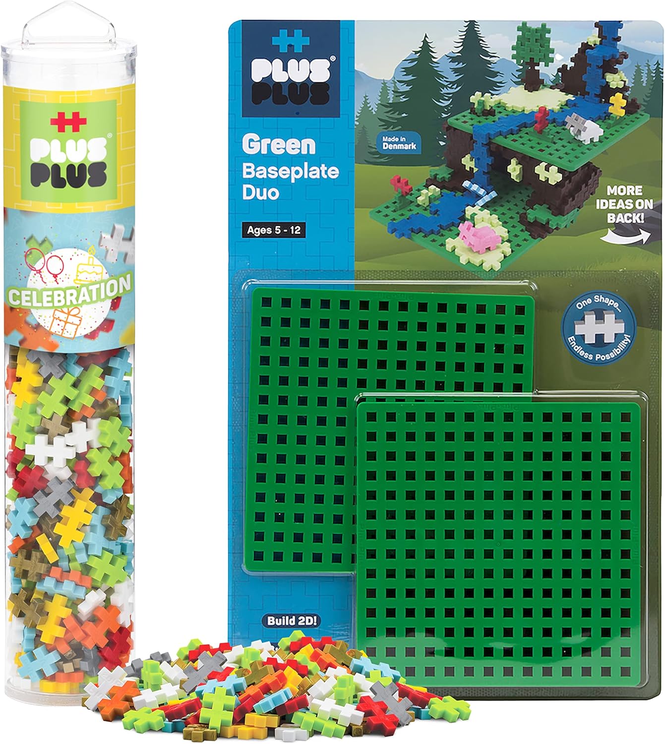 PLUS PLUS - 240 Piece Celebration Mix & Green Baseplate Duo - Construction Building Stem/Steam Toy, Mini Puzzle Blocks for Kids