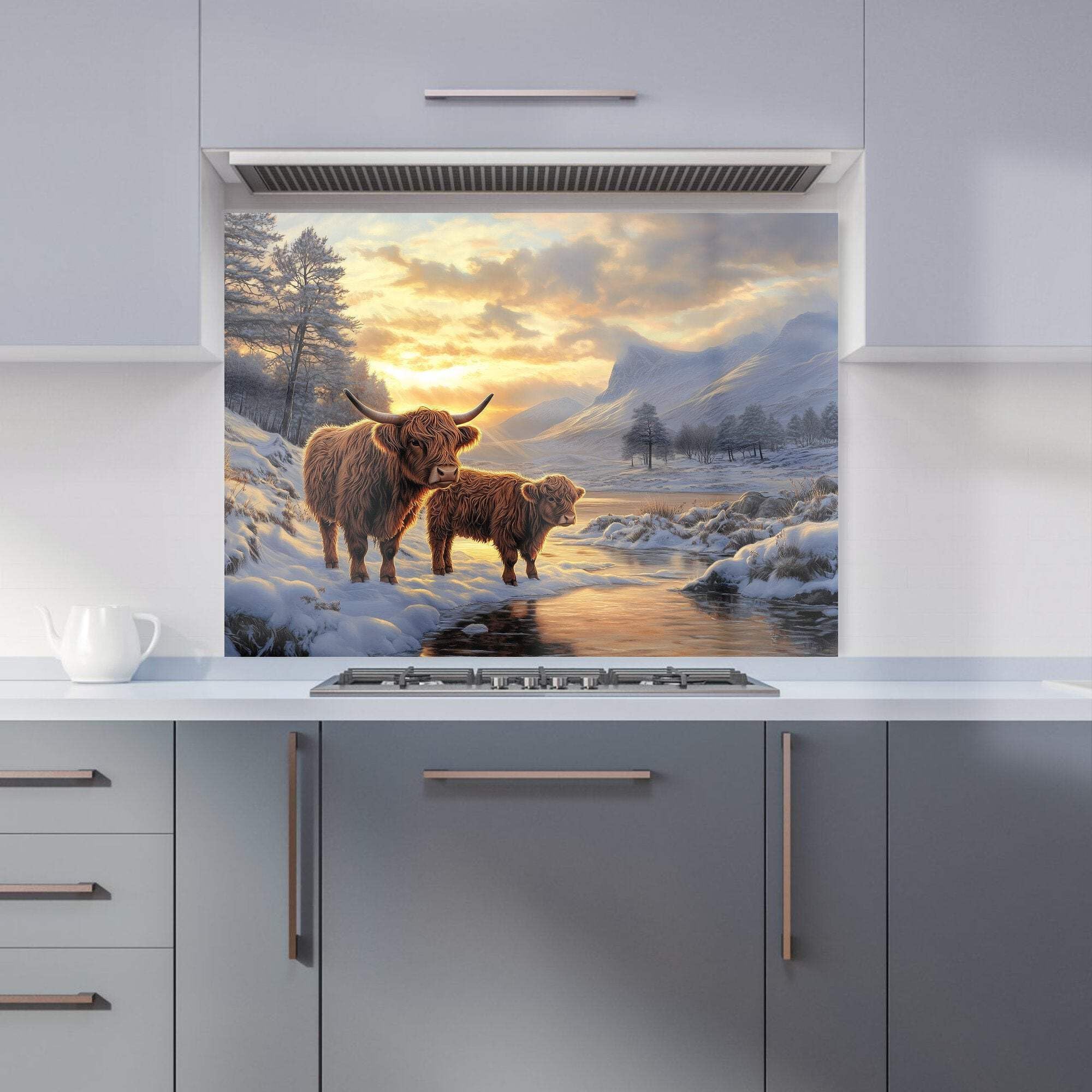 Warren Reed - Designer Highland Cows By The Lake Kitchen Splashback - W900mm X H650mm