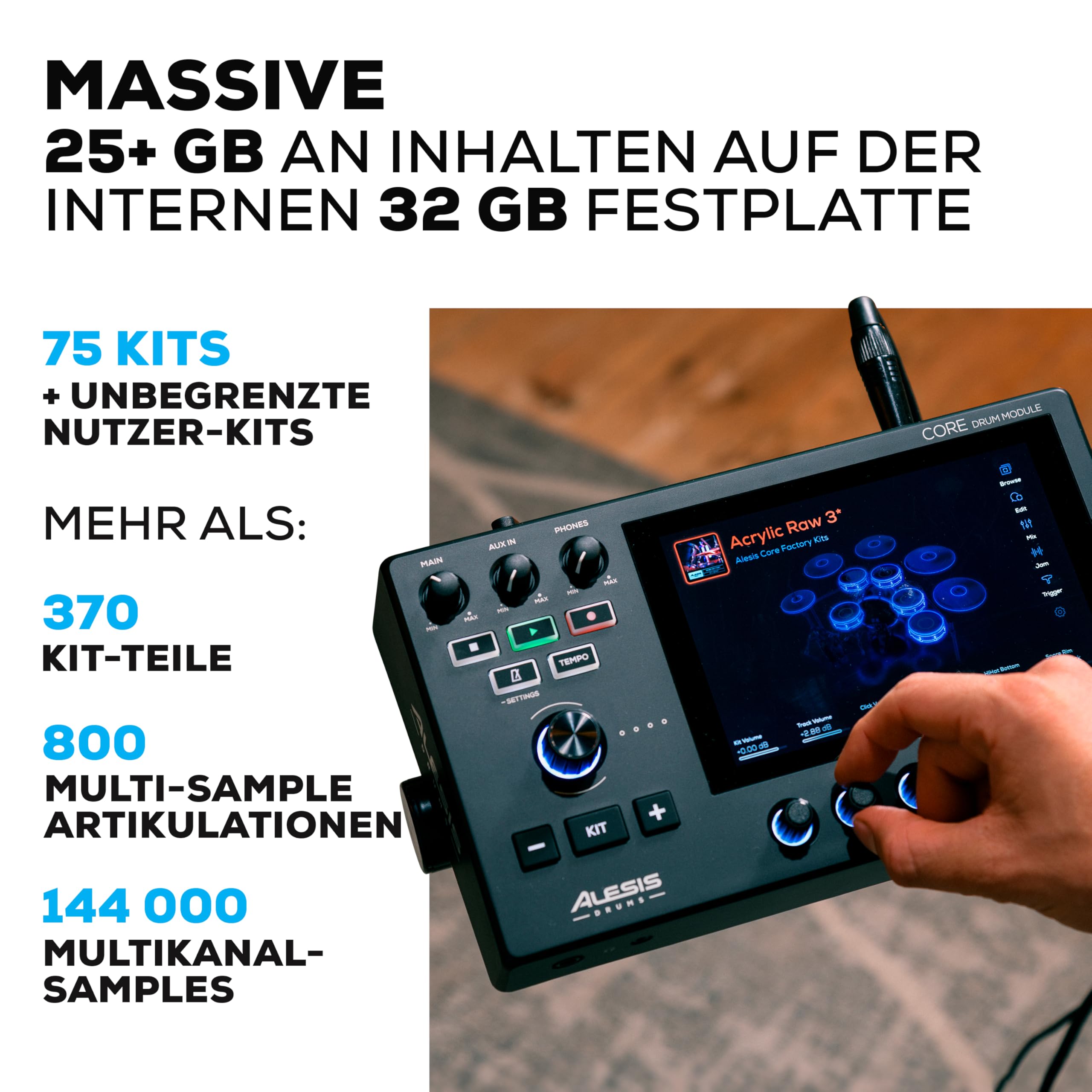 Alesis Strata Core E Schlagzeug mit Touchscreen, Triple Zone Becken, Active Magnetic Hi-Hat, Dual Zone Mesh Heads, 8" Kick, 144K Multikanal-Samples