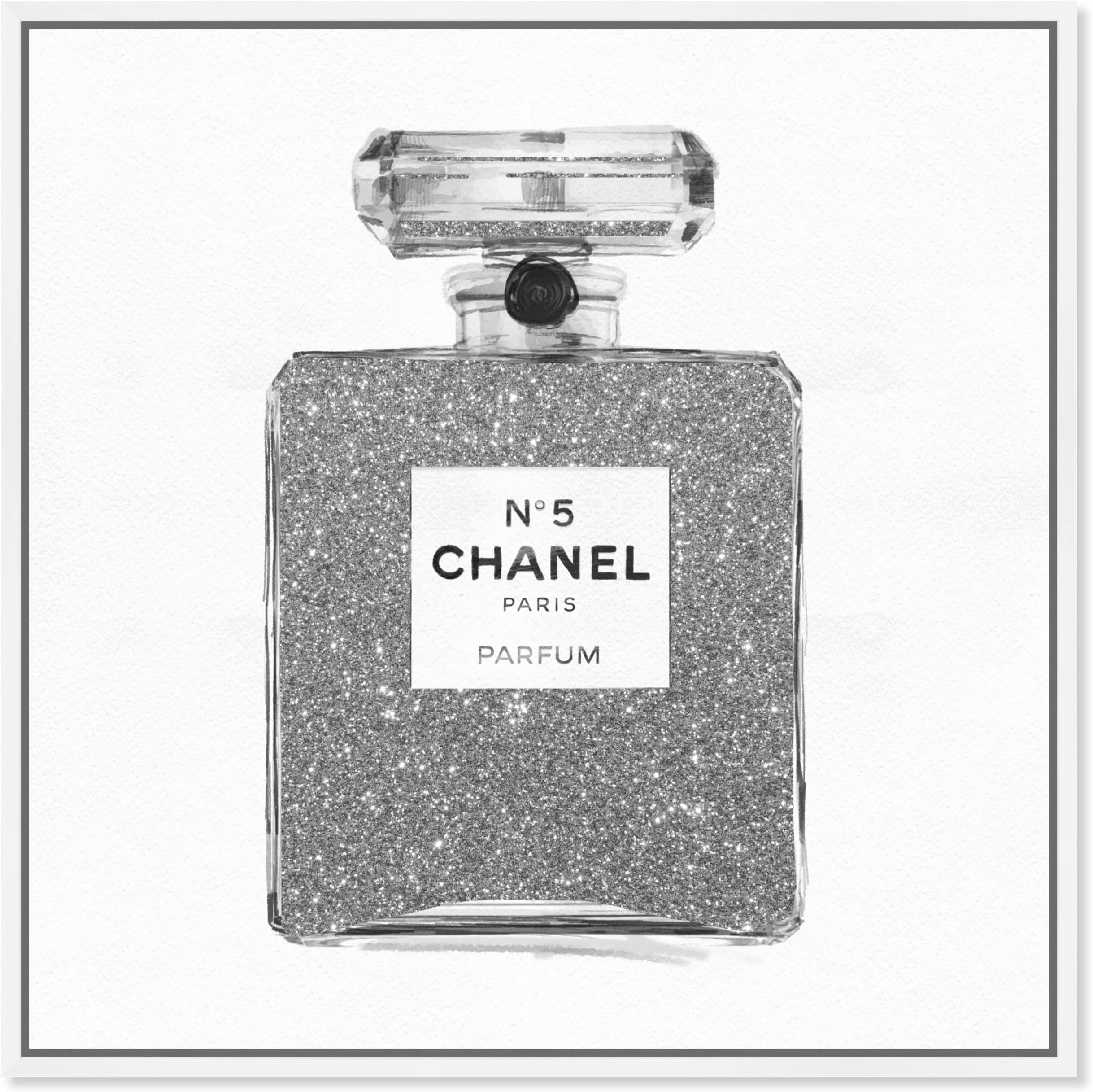 The Oliver Gal Artist Co.Fashion and Glam Framed Wall Art Canvas Prints 'Silver Classic Number 5' Perfumes Home Décor, 12 in x 12 in, Gray, White